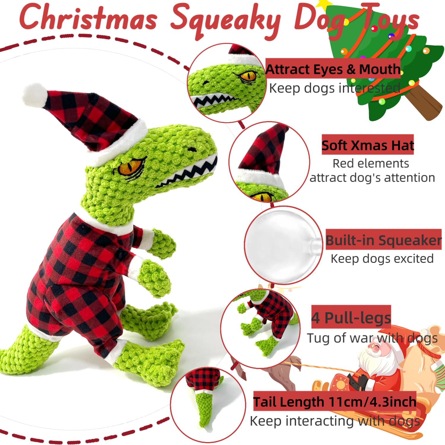 CIIVURR Christmas Squeaky Dog Toys, Xmas Interactive Plush Dog Toys for Large Dogs, Dog Chew Toys to Keep Them Busy, Dog Toys for Small Medium Large Dogs - Tyrannosaurus rex