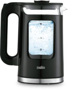 nelo electric kettle with keep warm function, sleek glass window double wall design, led indicator lights, black tea kettle & hot water boiler with auto shut-off, 360° base, bpa-free, 1.7 liters