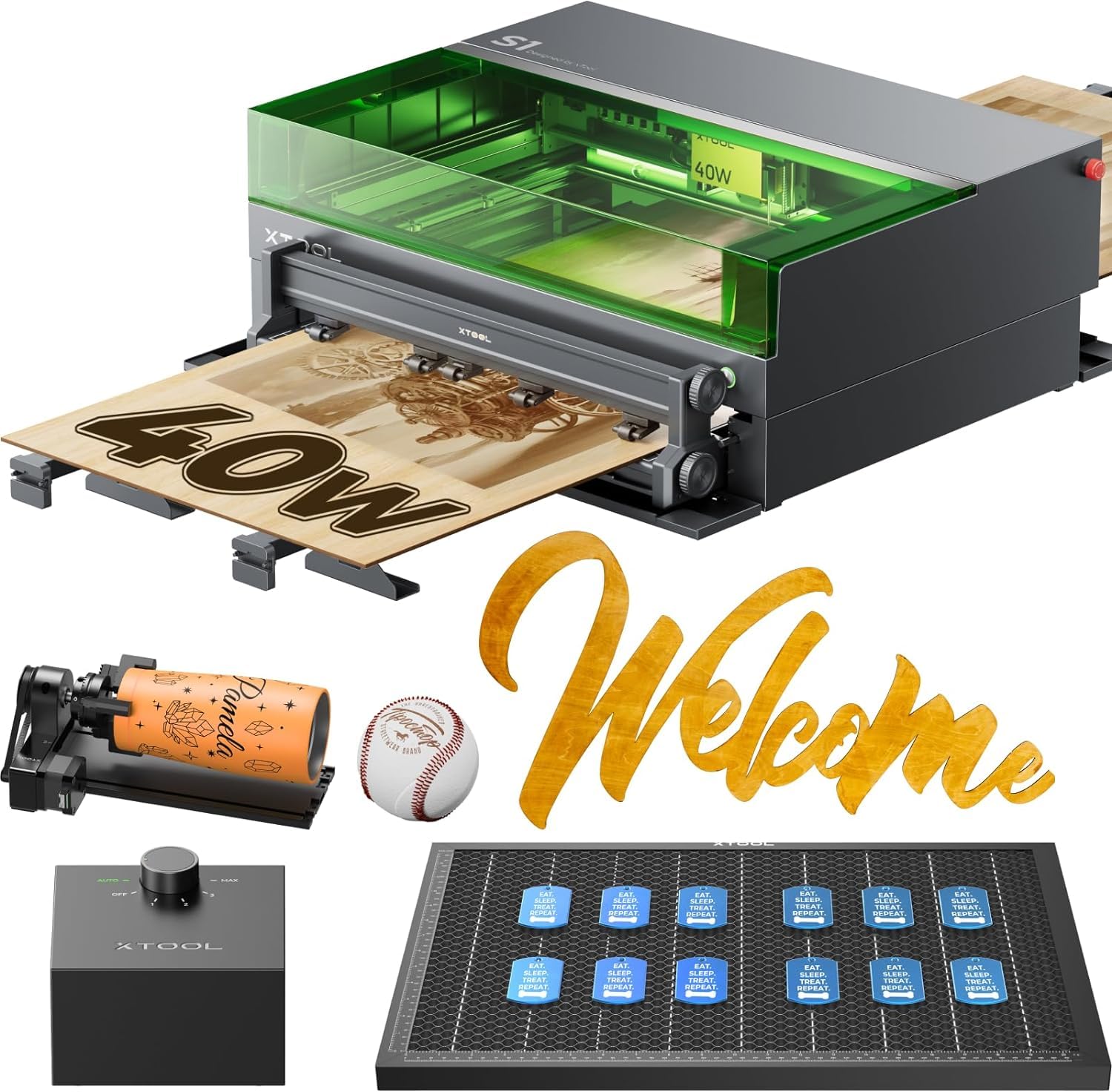 xTool S1 40W Laser Cutter and Engraver Machine, with Auto Conveyor Feeder, 118'' Long Crafts, 600mm/s Speed, Laser Engraver for Tumblers Wood and Metal, Acrylic, etc. - Deluxe Bundle