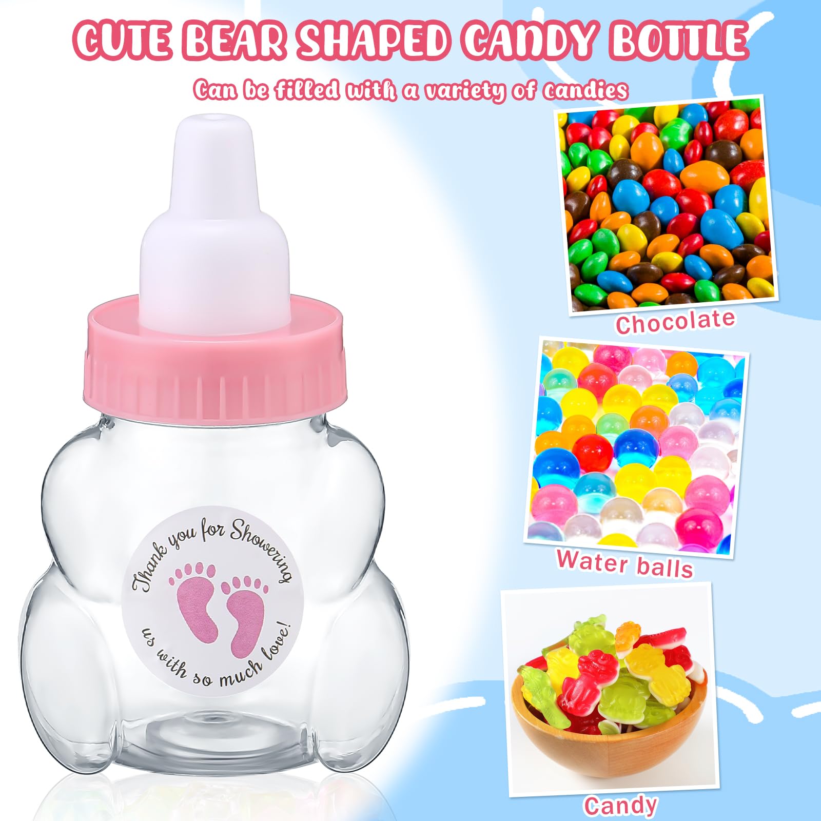 Threlaco 24 Pcs Baby Shower Candy Bottle Bear Candy Bottles 3.15 Inch Pink Shower Favor with Thank You for Showering Stickers Clear Plastic Milk Bottle Baby Shower Party Favor Gifts for Girl