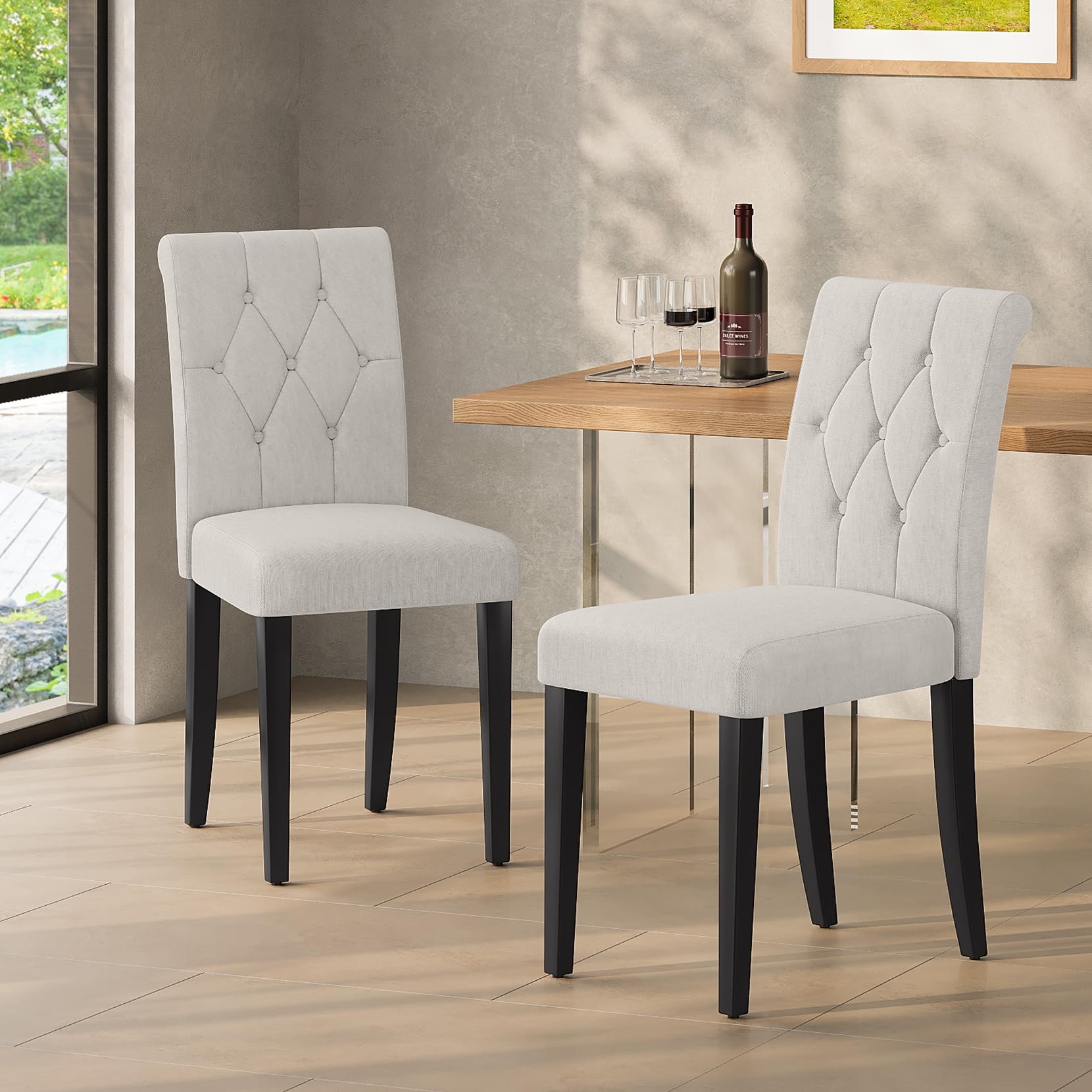 Welzona Upholstered Dining Chairs Set of 4, Button Tufted Parsons Dining Chair with Solid Wood Legs, Modern Fabric Side Chair for Hotel/Dining Room/Kitchen/Restaurant- White