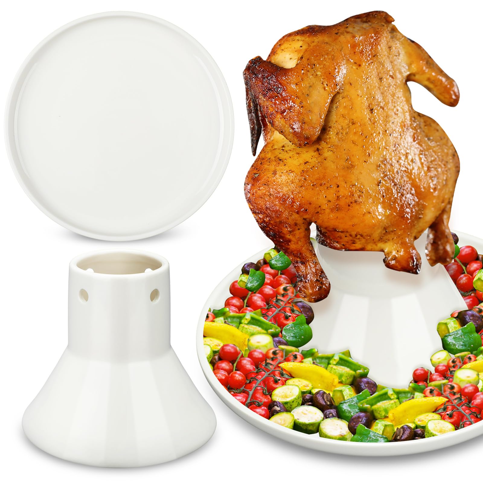 Tioncy Ceramic Chicken Roaster Rack with Baking Pan Set Beer Can Chicken Holder Stand Roasting Pan with Rack Vertical Poultry Chicken Throne for Thanksgiving Baking Grilling Oven, Dishwasher Safe