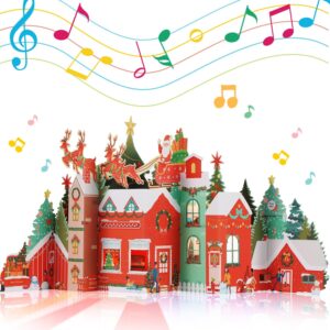 joyjom 3d pop up christmas cards, musical christmas cards with envelopes, lights and note tag for kids wife mon dad friends,21" x 11.4" (village santa and reindeers)