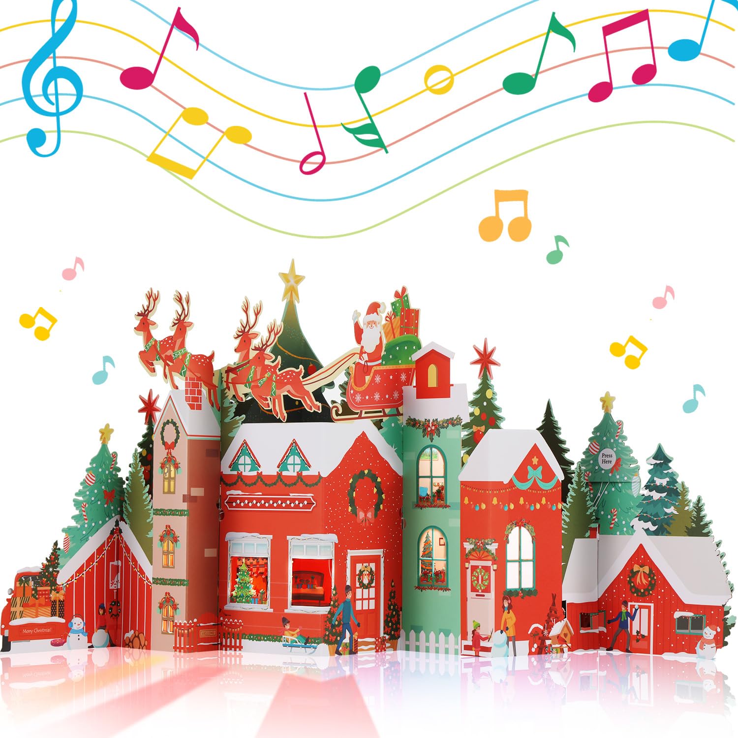 JOYJOM 3D Pop Up Christmas Cards, Musical Christmas Cards with Envelopes, Lights and Note Tag for Kids Wife Mon Dad Friends,21" x 11.4" (Village Santa and Reindeers)