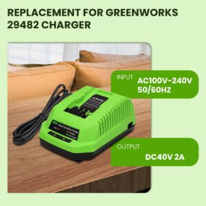 Amsbat 2-Pack 6.0Ah Lithium ion 29462 29472 Battery and 29482 Charger Replacement for Greenworks 40V Battery and Charger Compatible with Greenworks 40 Volt G-MAX Lawn Garden Power Tools(Green)