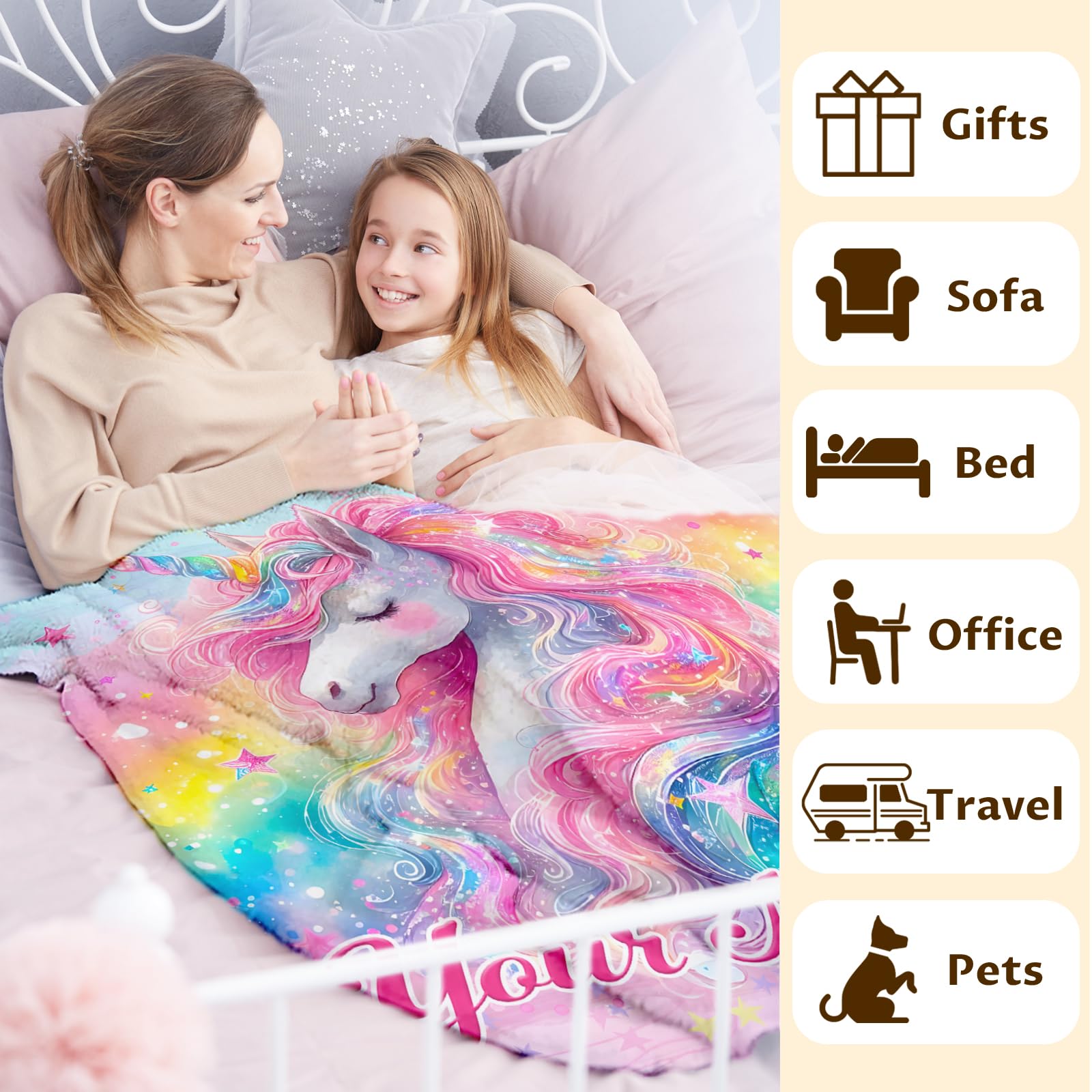 Personalized Cute Unicorn Blanket Gift with Name for Girls, Soft & Cozy Throw Blanket for Kids Girls, Custom 40 * 50 Inch Cute Fuzzy Throws for Sofa Couch