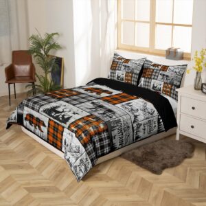 Erosebridal Rustic Cabin Bedding Set King Farmhouse Lodge Duvet Cover Black Orange Buffalo Plaid Country Comforter Cover for Kids Men Hunting Bear Deer Wolf Woodland Wildlife Quilt Cover