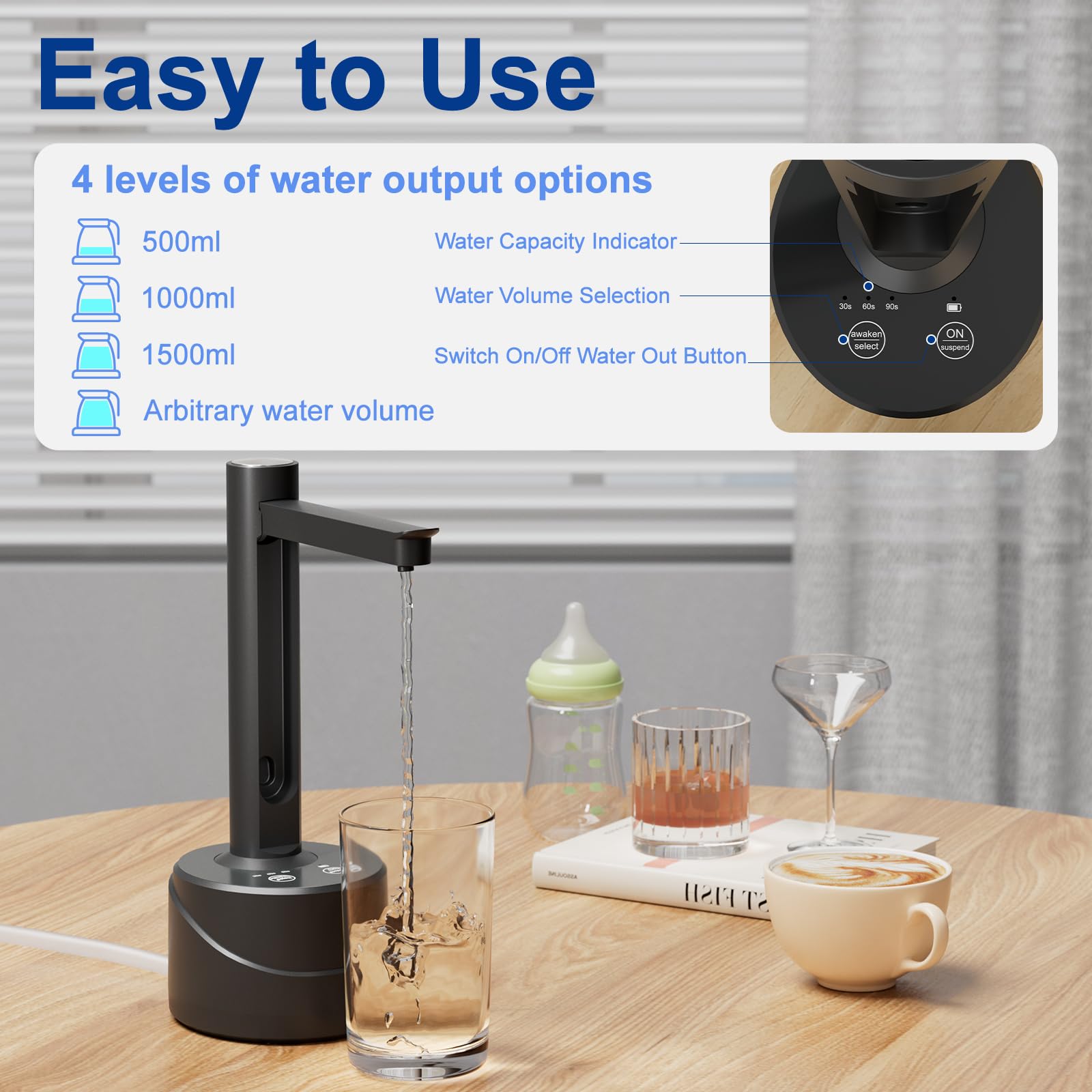 Latedaux 5 Gallon Dual-use Desktop Electric Water Bottle Dispenser, USB Type-C Charging Automatic Countertop Drinking Water Bottle Pump for 2-5 Gallon, Smart Water Jug Dispenser for Camping(Black)