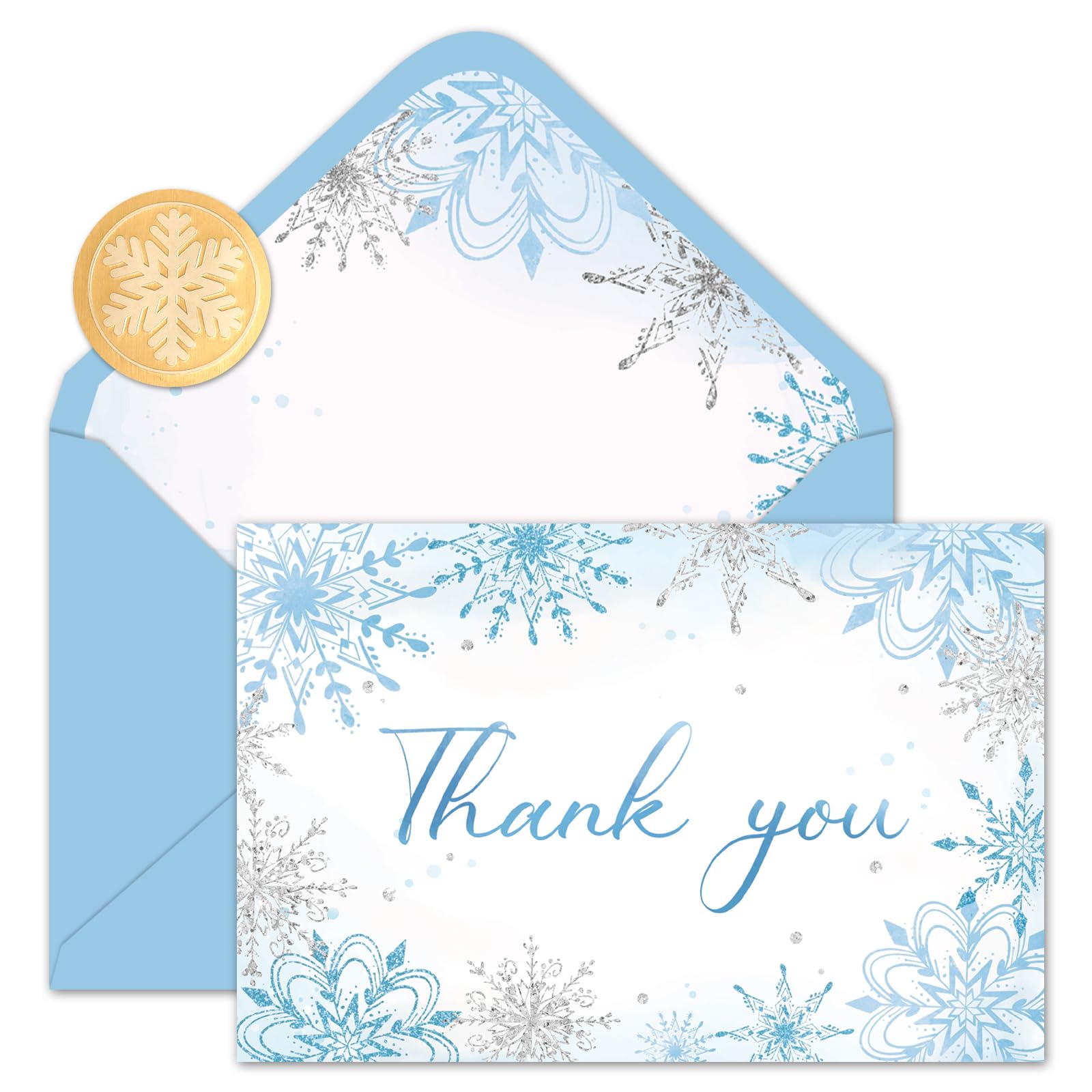 Whaline 24 Pack Christmas Thank You Cards Blue Glitter Snowflake Greeting Cards with Envelopes Stickers Blank Note Cards for Xmas Winter Party Invitation Supplies, 4 x 6 Inch