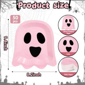 TWOWYHI 50Pcs Halloween Pink Ghost Paper Plates Disposable Pink Ghost Shaped Dessert Dinner Plates for Halloween Themed Party 9.4 x 8.2 Inch