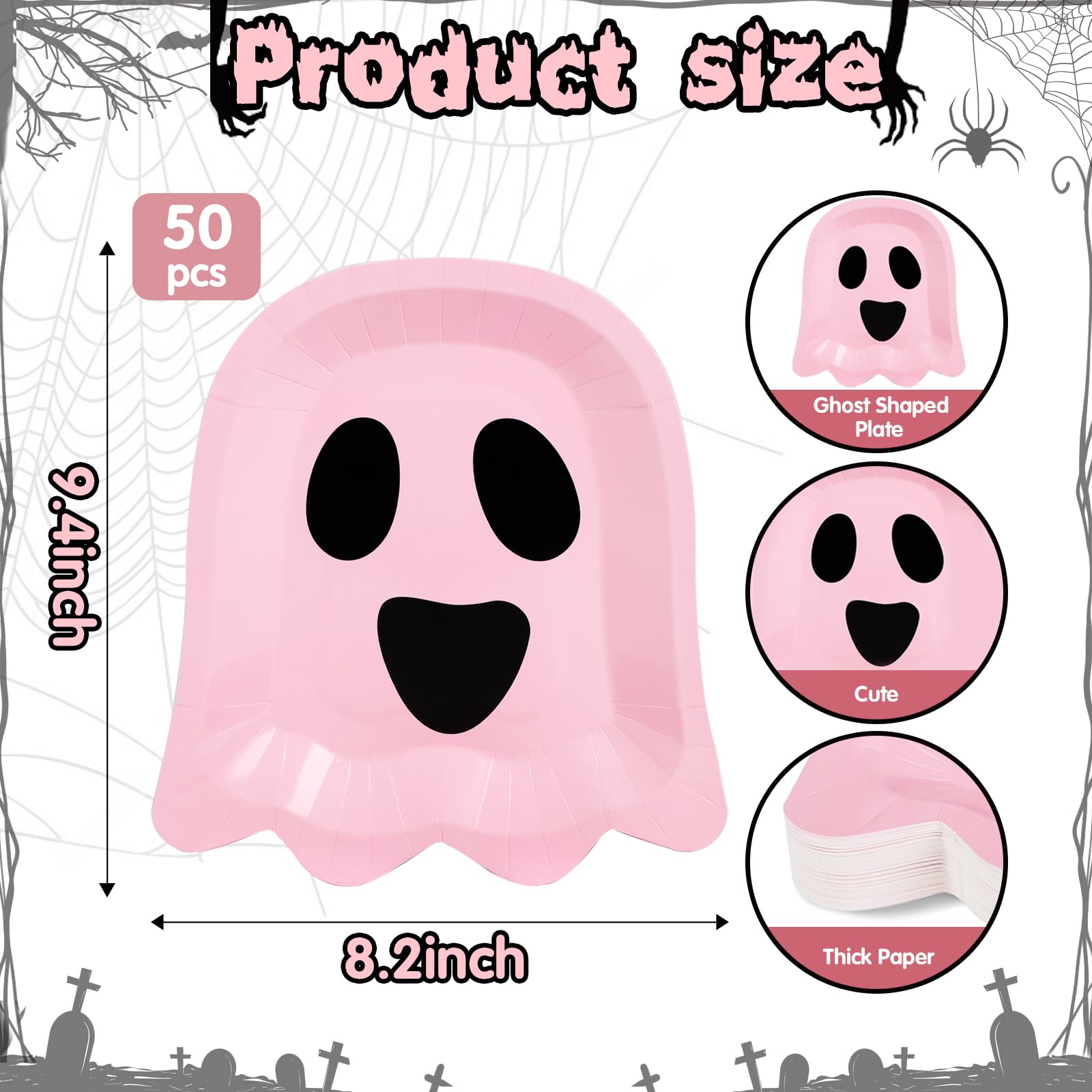 TWOWYHI 50Pcs Halloween Pink Ghost Paper Plates Disposable Pink Ghost Shaped Dessert Dinner Plates for Halloween Themed Party 9.4 x 8.2 Inch