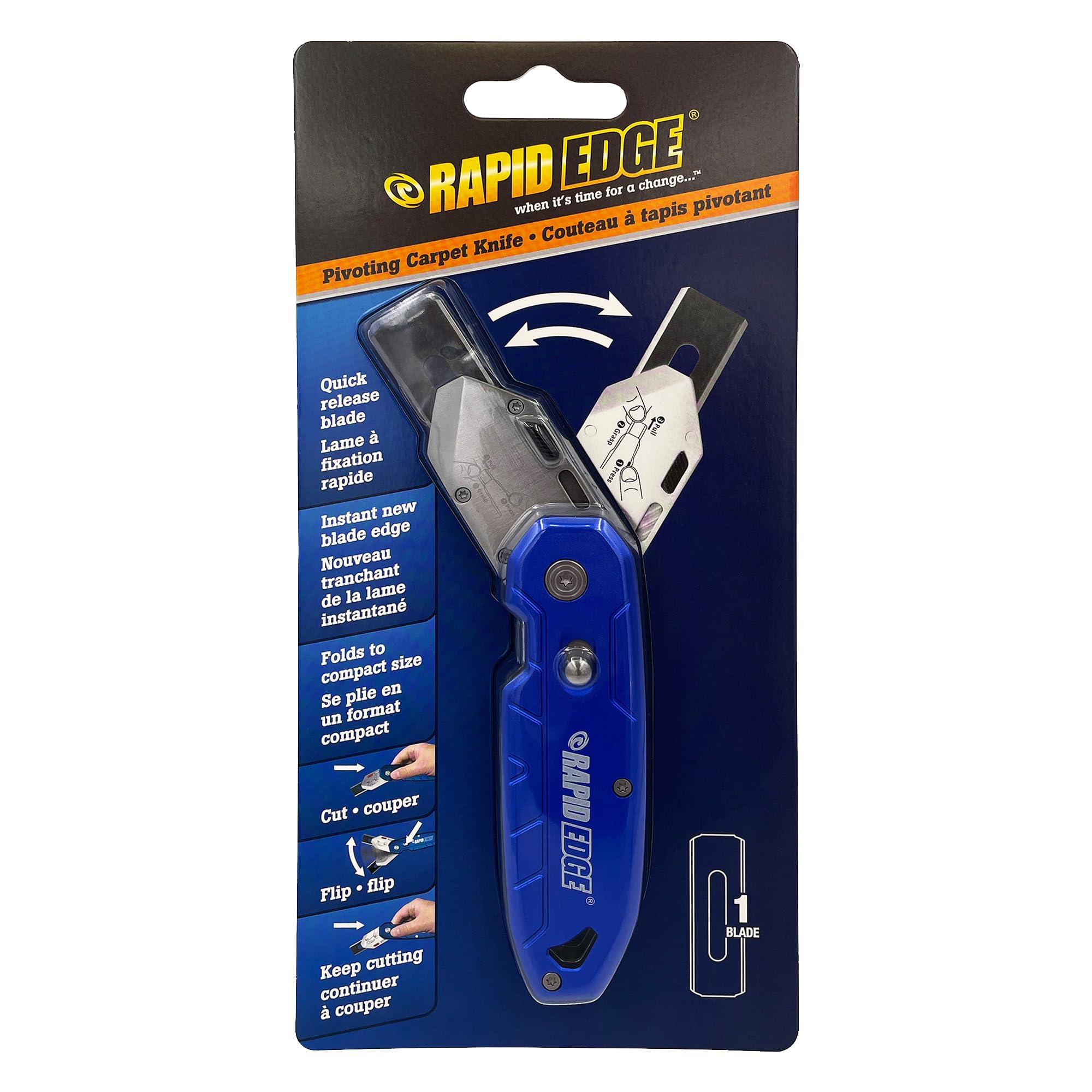 Rapid Edge 1-Pack Pivoting Carpet Knife with a Built-in Belt Clip, Folding Utility Knife with a Dual-Side Blade, Rug, Vinyl, Linoleum and Carpet Cutter