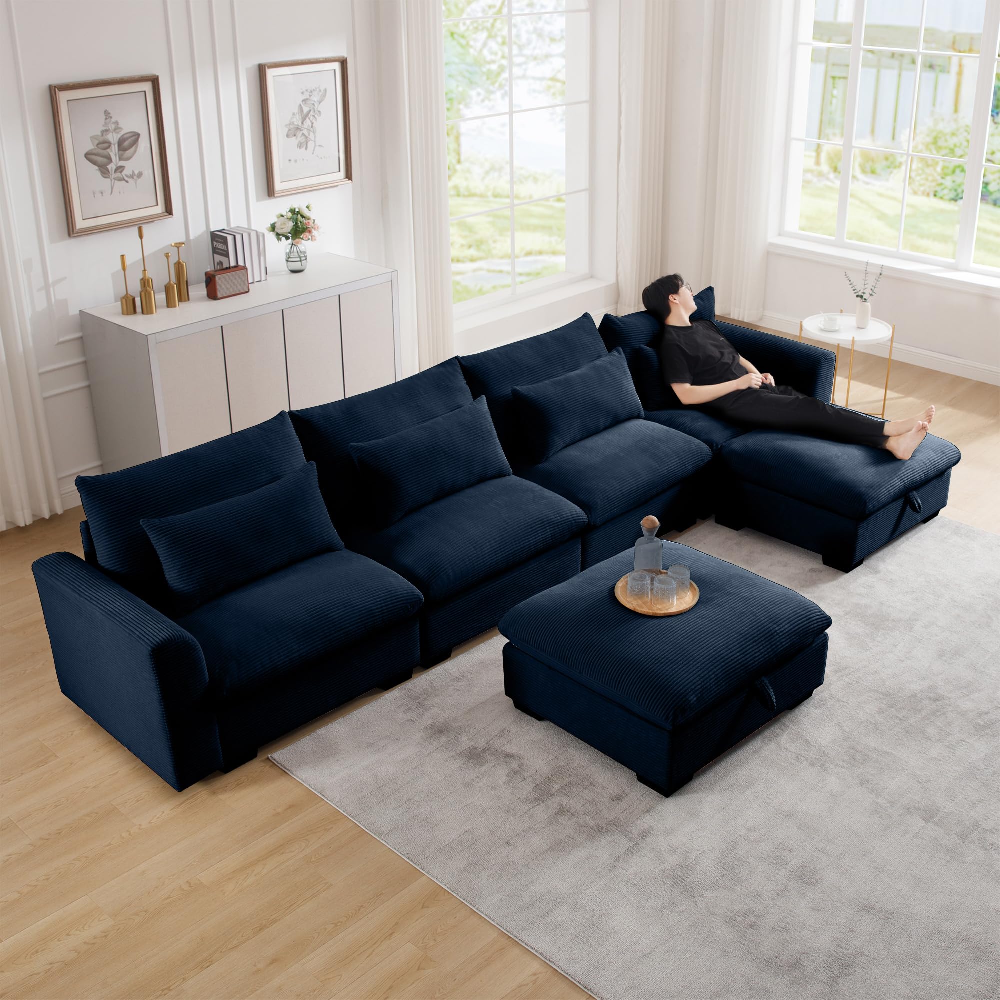 JURMALYN 157.5" Corduroy Sectional Sofa Couch for Living Room L-Shape Sofa Couch with Ottoman, Upholstered 4-Seat Sofa Couch Luxury Cloud Couch Set for Apartment Office,Blue