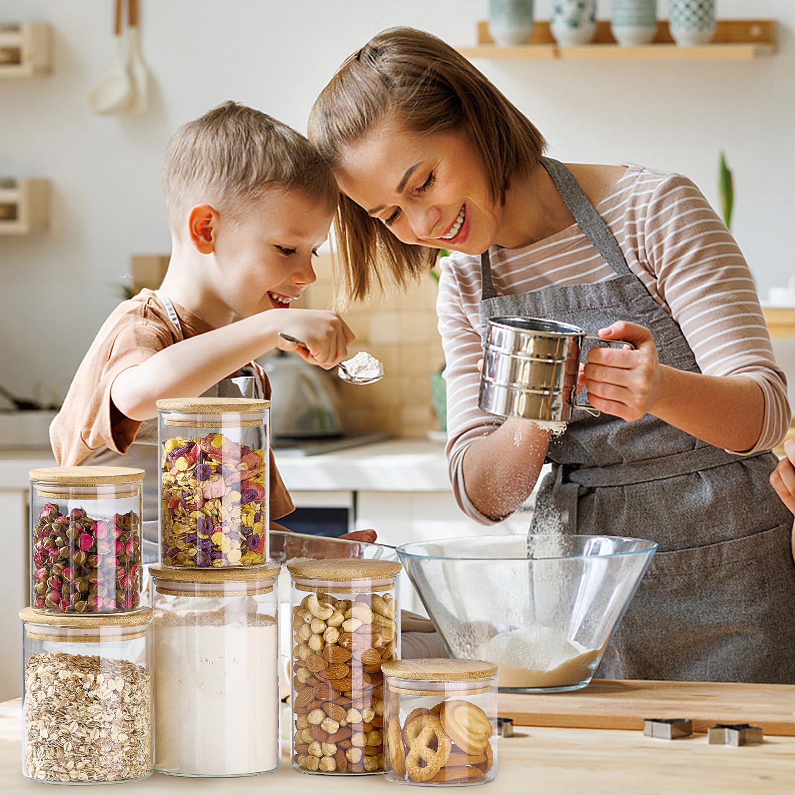 Meolibour 7 Pack Thicker Glass Food Storage Jars with Airtight Bamboo Lids, Clear Glass Storage Containers, Glass Canisters Set for Pasta, Nuts, Coffee Beans, Kitchen Pantry Organization Jar, BPA Free