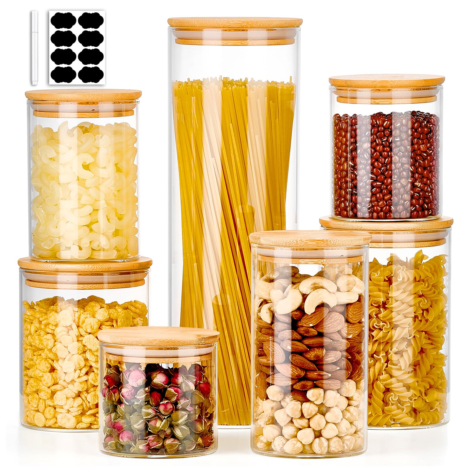 Meolibour 7 Pack Thicker Glass Food Storage Jars with Airtight Bamboo Lids, Clear Glass Storage Containers, Glass Canisters Set for Pasta, Nuts, Coffee Beans, Kitchen Pantry Organization Jar, BPA Free