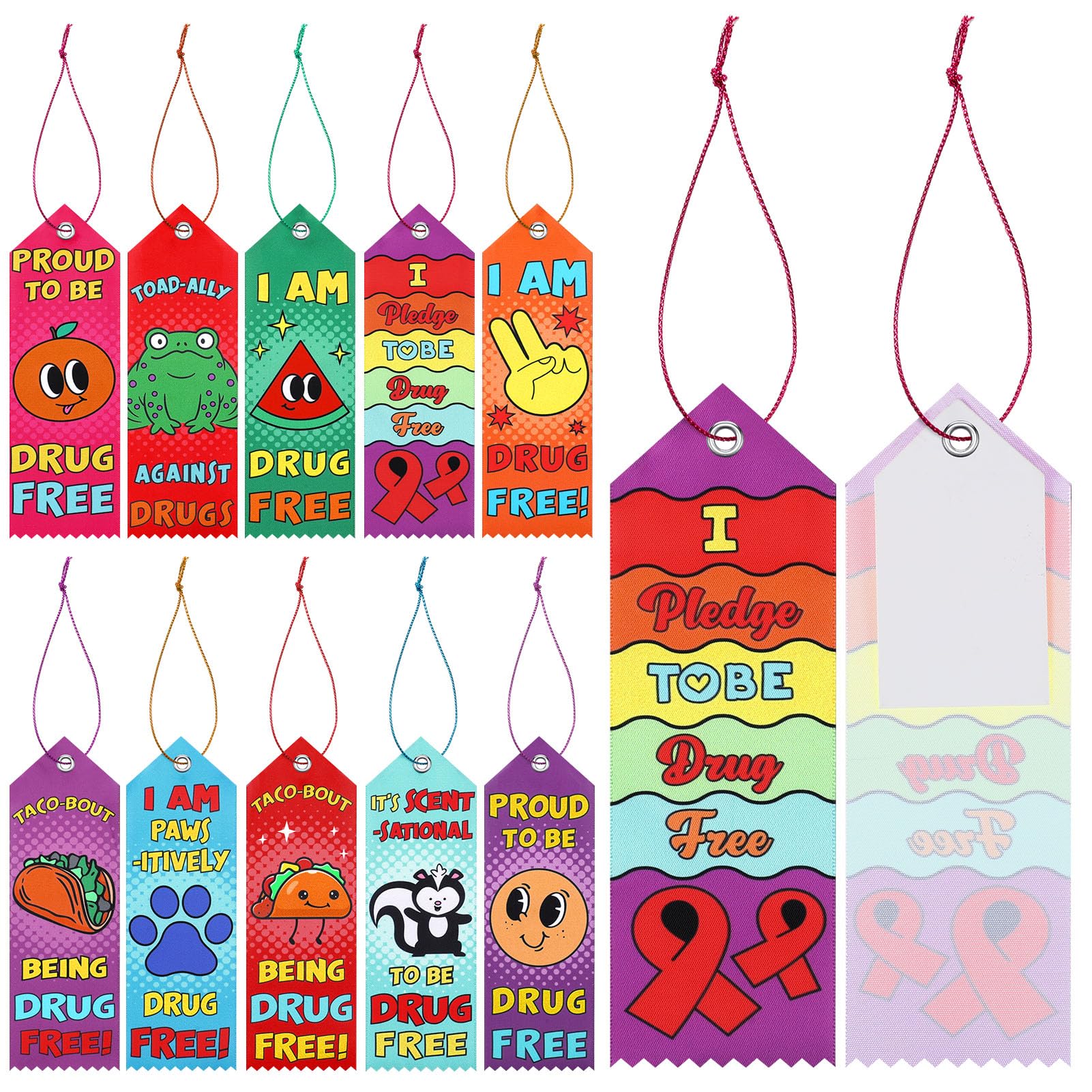 Hollowfly 60 Pcs Red Ribbon Week Award Ribbons Bulk Drug Free Participant Award Ribbon Red Ribbon Participant Medal Ribbons with Card and Rope for Red Ribbon Week School Office Drug Prevention Favors