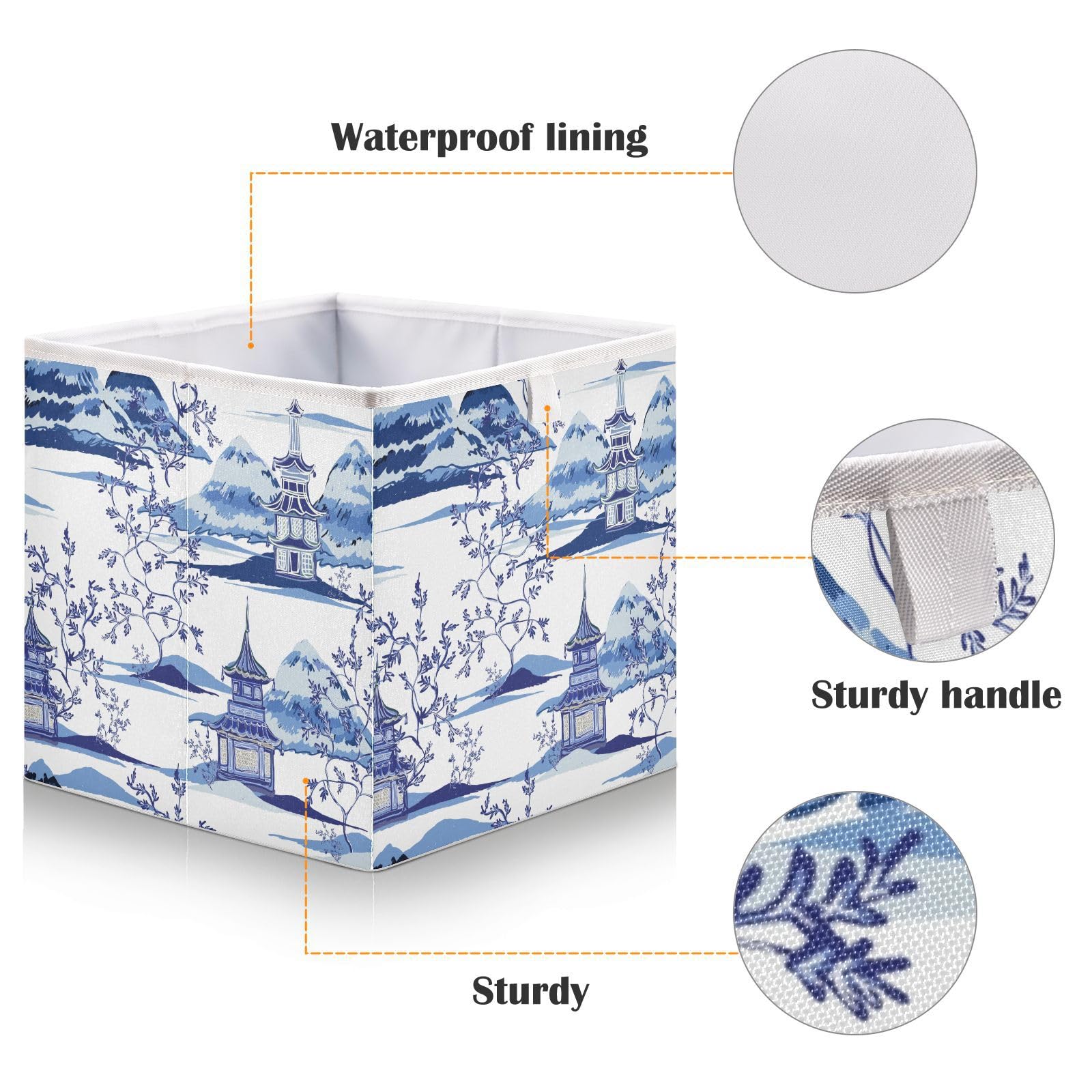 Doterii Chinese Pagodas Chinoiserie Trees Fabric Foldable Storage Cube 11 inch Open Home Storage Bins for Shelves Organizing