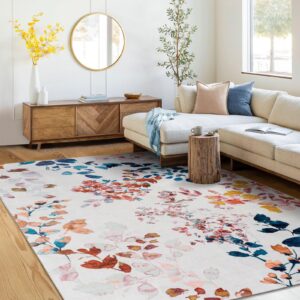 fashriend phyllis modern area rug, 6'×9' washable accent floral rug, non-slip flower leaf carpet, non-shedding colorful rug with low pile for living room, bedroom, dining, office, multicolor