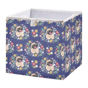 doterii cute pug dog and flowers fabric foldable storage cube 11 inch open home storage bins for shelves organizing