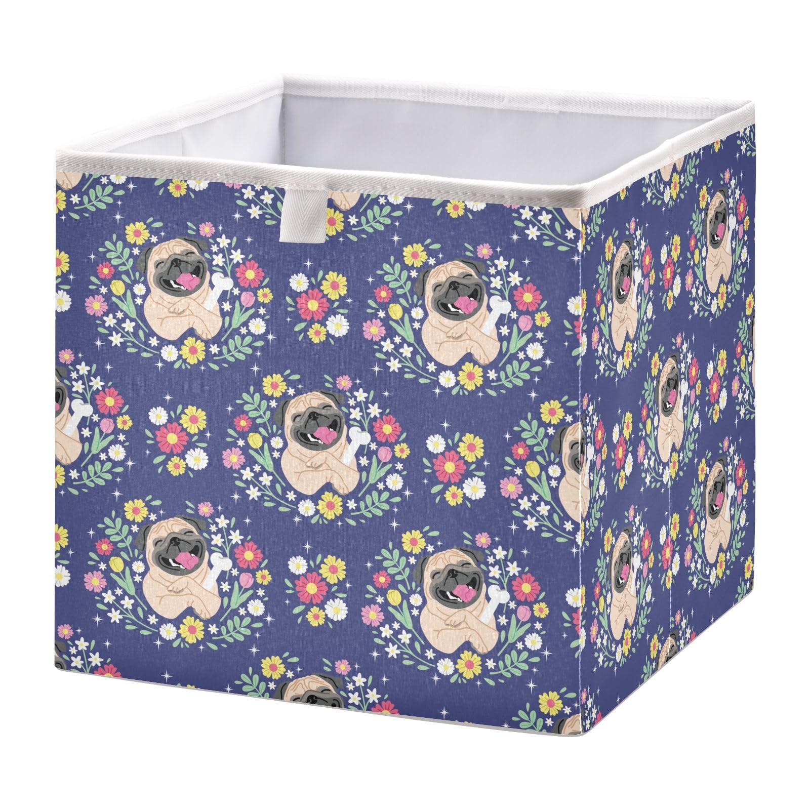 Doterii Cute Pug Dog and Flowers Fabric Foldable Storage Cube 11 inch Open Home Storage Bins for Shelves Organizing