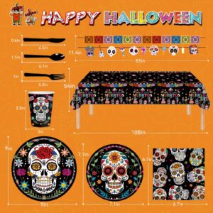 130 PCS Skull Party Supplies with Skeleton Paper Plates,Cake PlatesNapkins, Cups and Cutlery for Skull Birthday Party Decorations, Disposable Dinnerware Set (Serves 10)