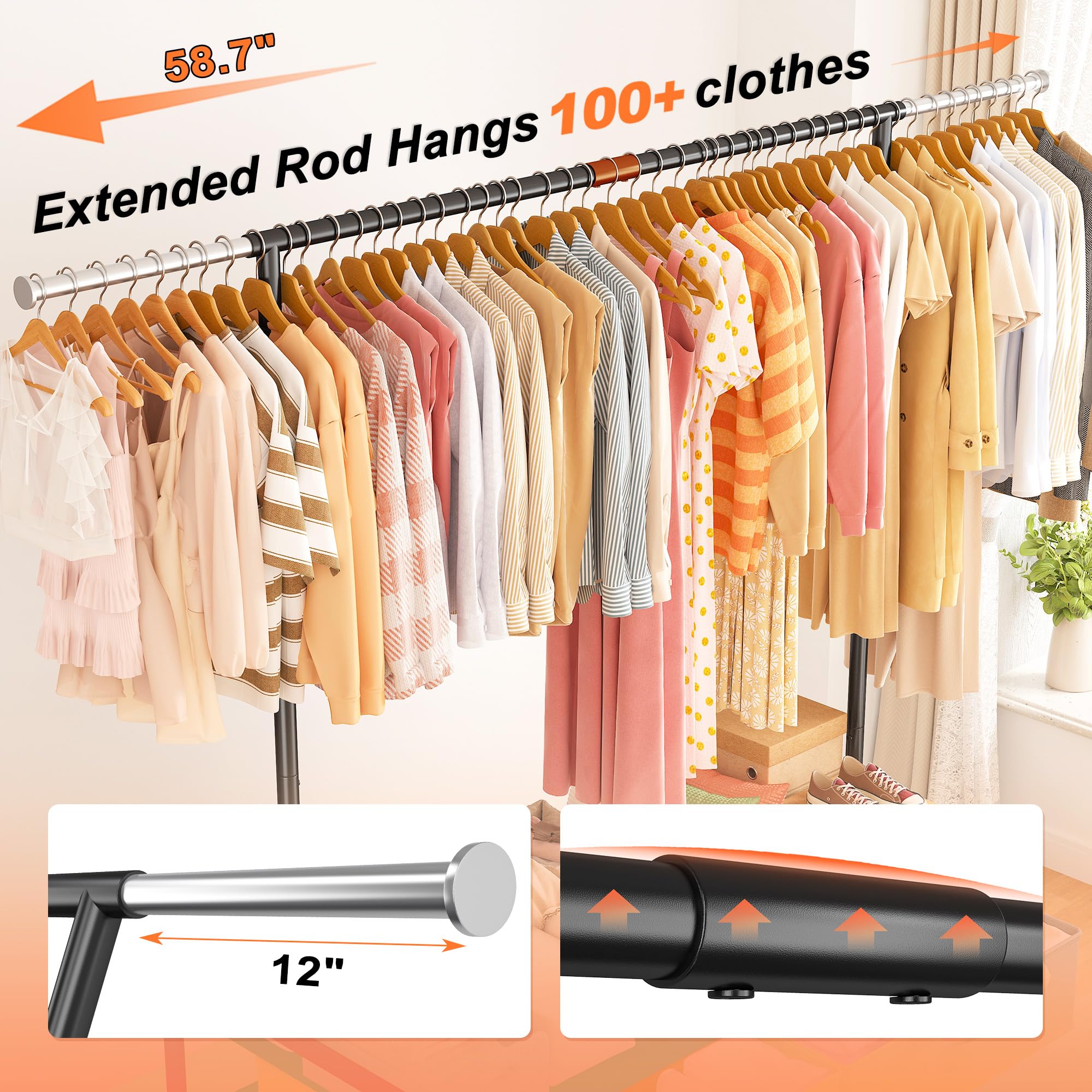 Raybee Clothes Rack, Heavy Duty Clothing Rack, Rolling Clothes Racks for Hanging Clothes, Portable Clothes Rack with Wheels, Garment Rack, 65.2" H x 58.7" W x 16.7" D, Black