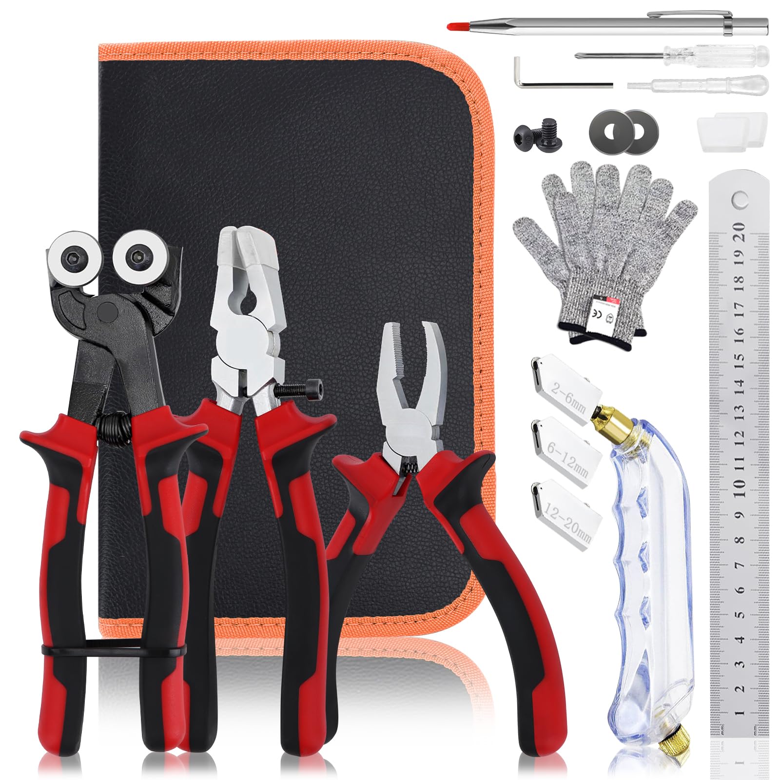 YOTINO Glass Cutters Tools 20PCS Glass Nippers Glass Running Pliers Breaking Pliers Oil Feed Glass Cutter Set for Stained Glass, Tiles, Mosaic Cutting with Cut Resistant Gloves Leather Zipper Bag