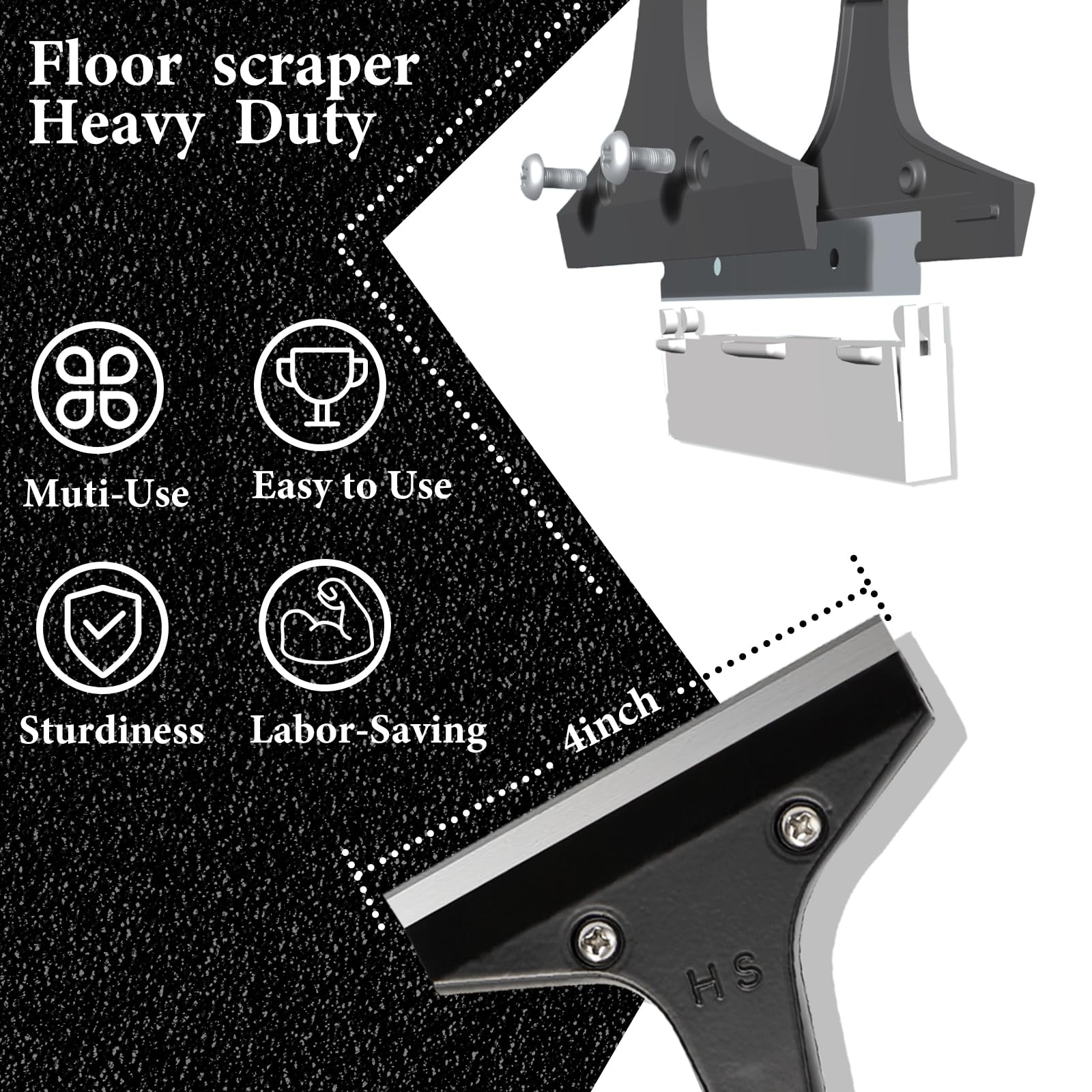 Floor Scraper Long Handle, Heavy duty floor scraper tool 16-63" made of stainless steel stronger with 5PCS extra 4Inch razor blade scraper tool is oil stains rust removal wallpaper cleaning tools.