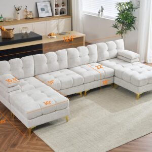 PaPaJet 124 Inch Sectional Sofa, 6 Seater Modular Sectional Couch with Metal Legs, U Shaped Sofa Couch for Living Room, Beige Chenille