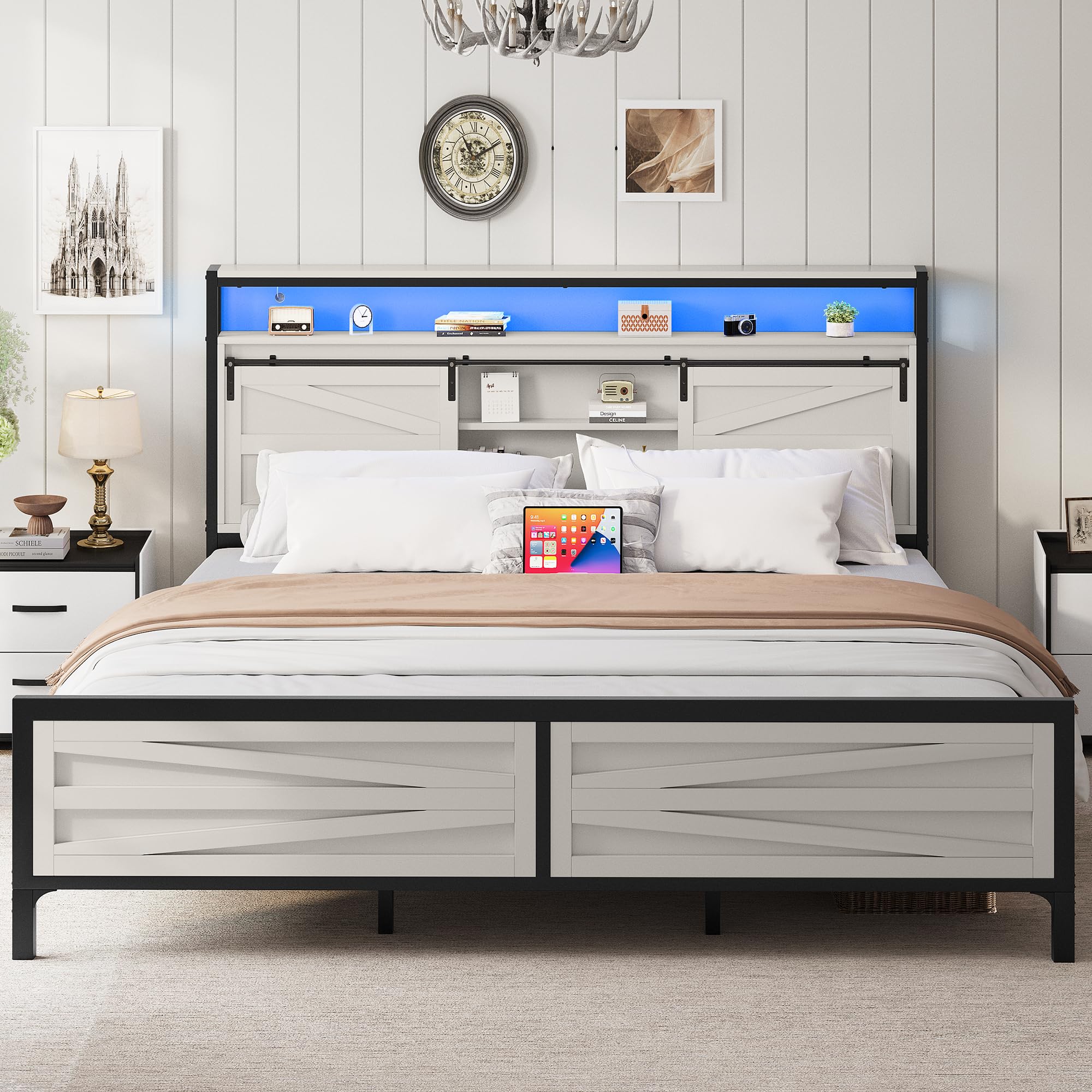 YITAHOME Farmhouse King Bed Frame with Storage Bookcase Headboard, Platform Bed Frame with LED Lights and Charging Station, Sliding Barn Door, Solid Metal Slats, No Box Spring Needed (White)