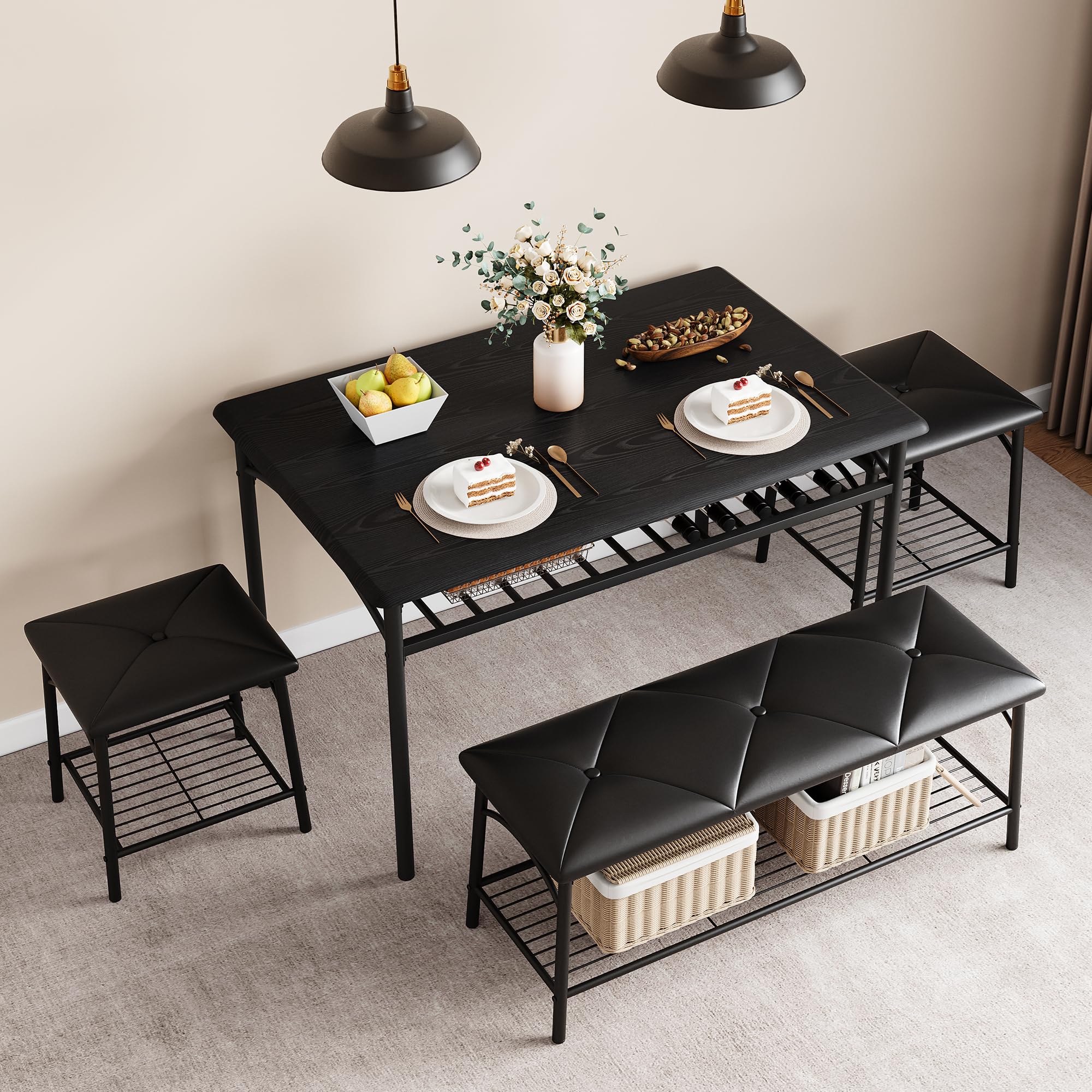 GAOMON Dining Table with Benches, Kitchen Table Set for 4, Dining Room Table Set with Upholstered Bench and Square Stools, Metal and Wood Dining Table Set for 4 with Storage for Small Space-Black