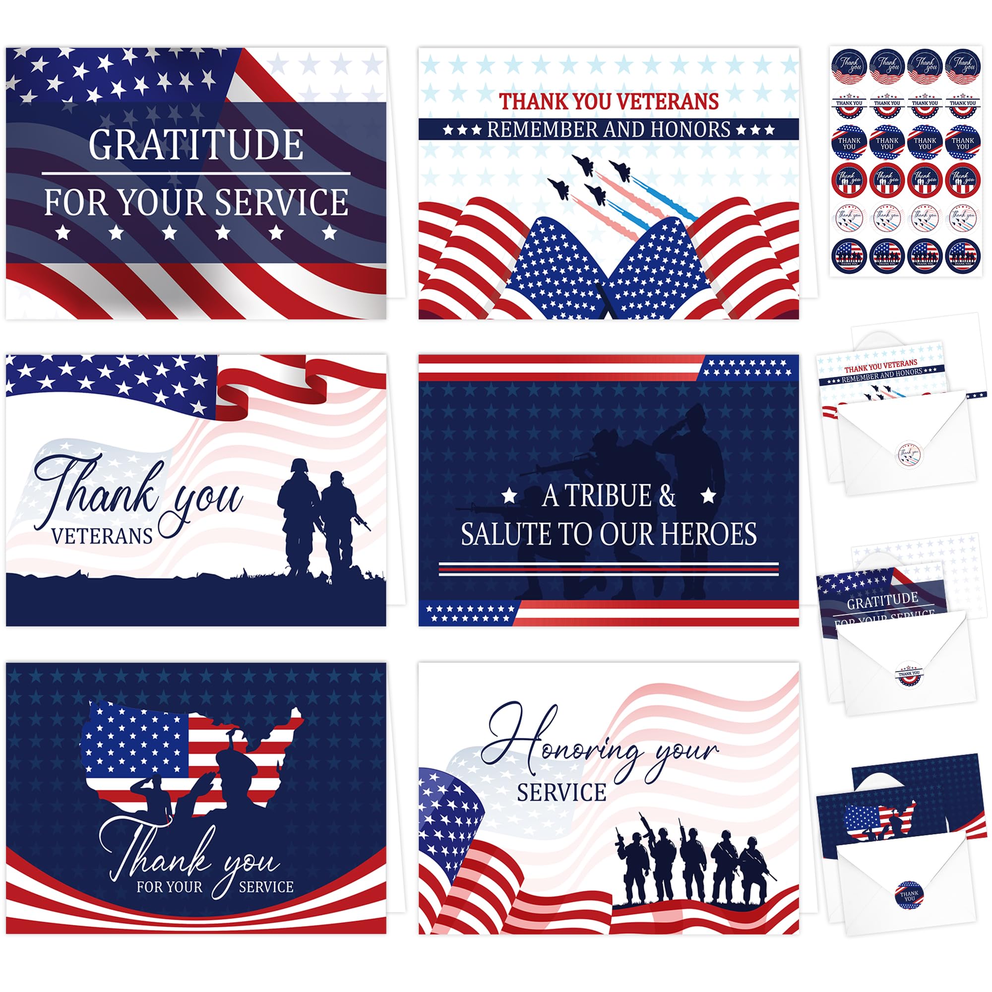 24 Pcs Veterans Day Cards with Envelopes: Veteran Thank You for Your Service Cards with Envelopes & Stickers Special Season Patriotic Appreciation Greeting Cards Bulk Veterans Day Gifts