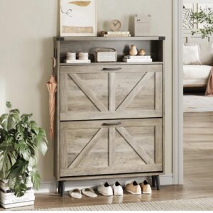 Vabches Shoe Storage Cabinet with 2 Flip Drawers,Shoe Cabinet with Open Storage,Entryway Shoe Storage with Barn Door Design,Slim Shoe Organizer Cabinet for Entrance/Hallway,Grey