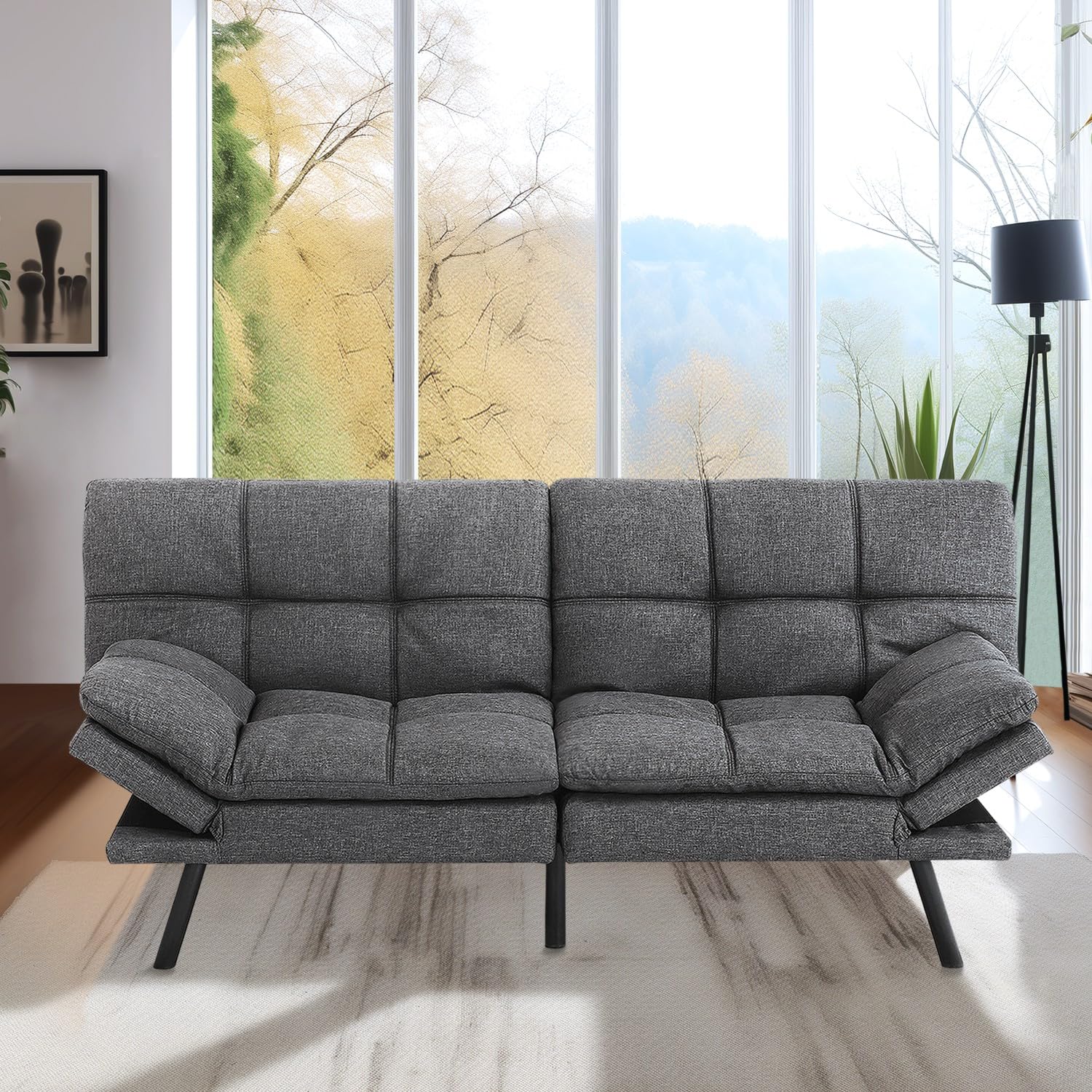 MUUEGM Ajustable Futon Sofa Bed, Futon Couch Filled with High Density Memory Foam, Ajustable Backrest Armrest Folding Futon, Modern Design Sofa Bed for Living Room, 71” for Small Space Dark Grey