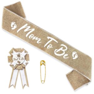 mom to be sash baby shower decorations neutral burlap sashes dad to be pin - rustic baby shower corsage mom and dad to be sash for baby shower - mother to be sash neutral gender reveal