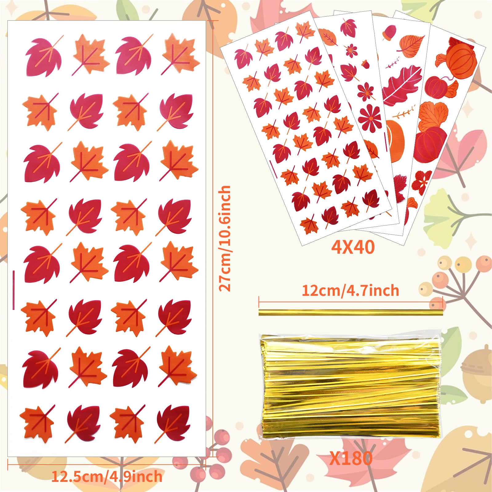 160 Pieces 4 Styles Fall Harvest Cellophane Treat Candy Bags with Twist Ties - Pumpkin and Leaf Designs Clear Goodie Bags for Kids, Thanksgiving Day Party Favors, and Autumn Snack Decorations