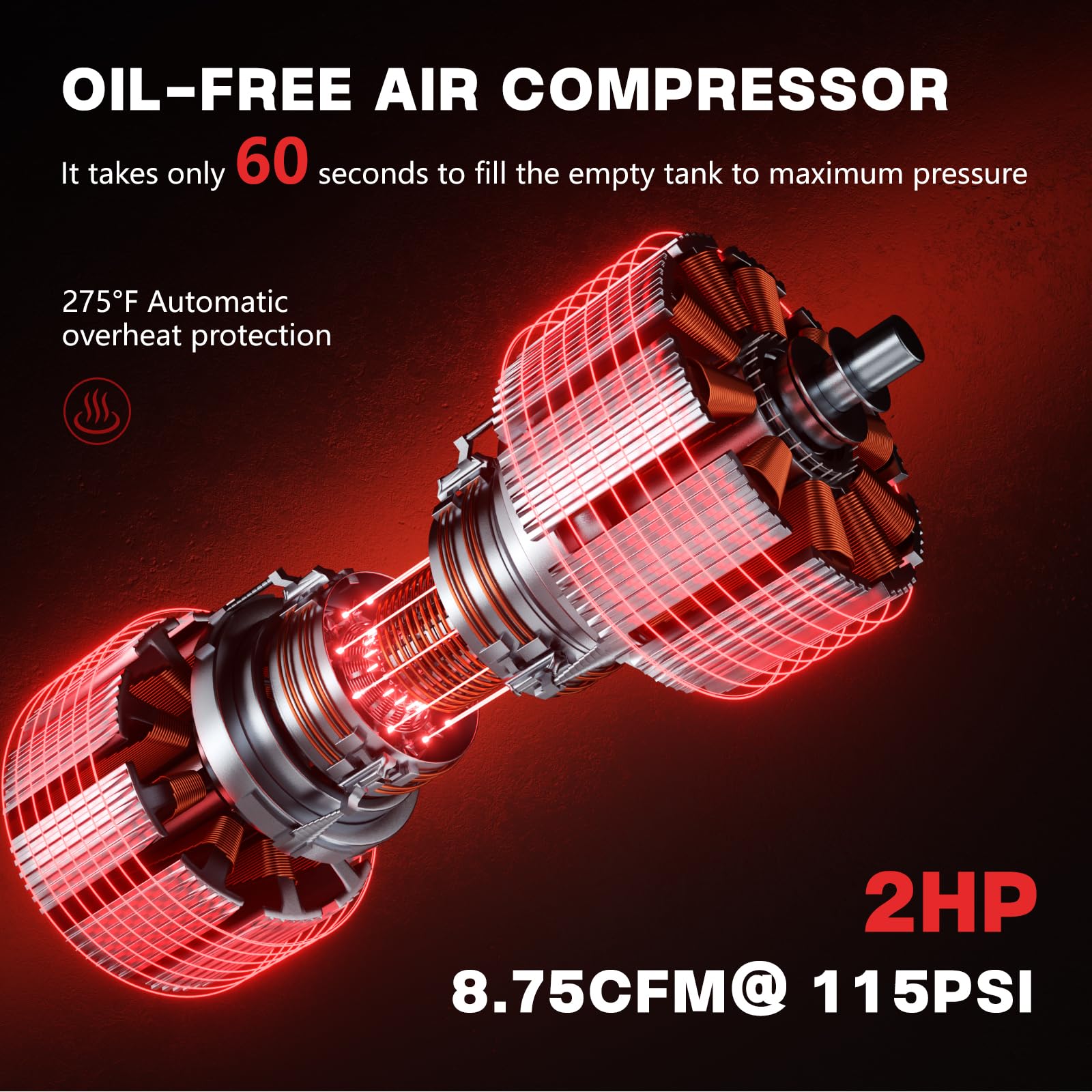 10 Gallon Ultra Quiet Air Compressor, 2HP 3.45 CFM@ 115PSI Oil-Free Air Compressor Tank, 110V/60hz, 70dB Air Compressor for Car Repair, Spray Painting, Woodwork Nailing