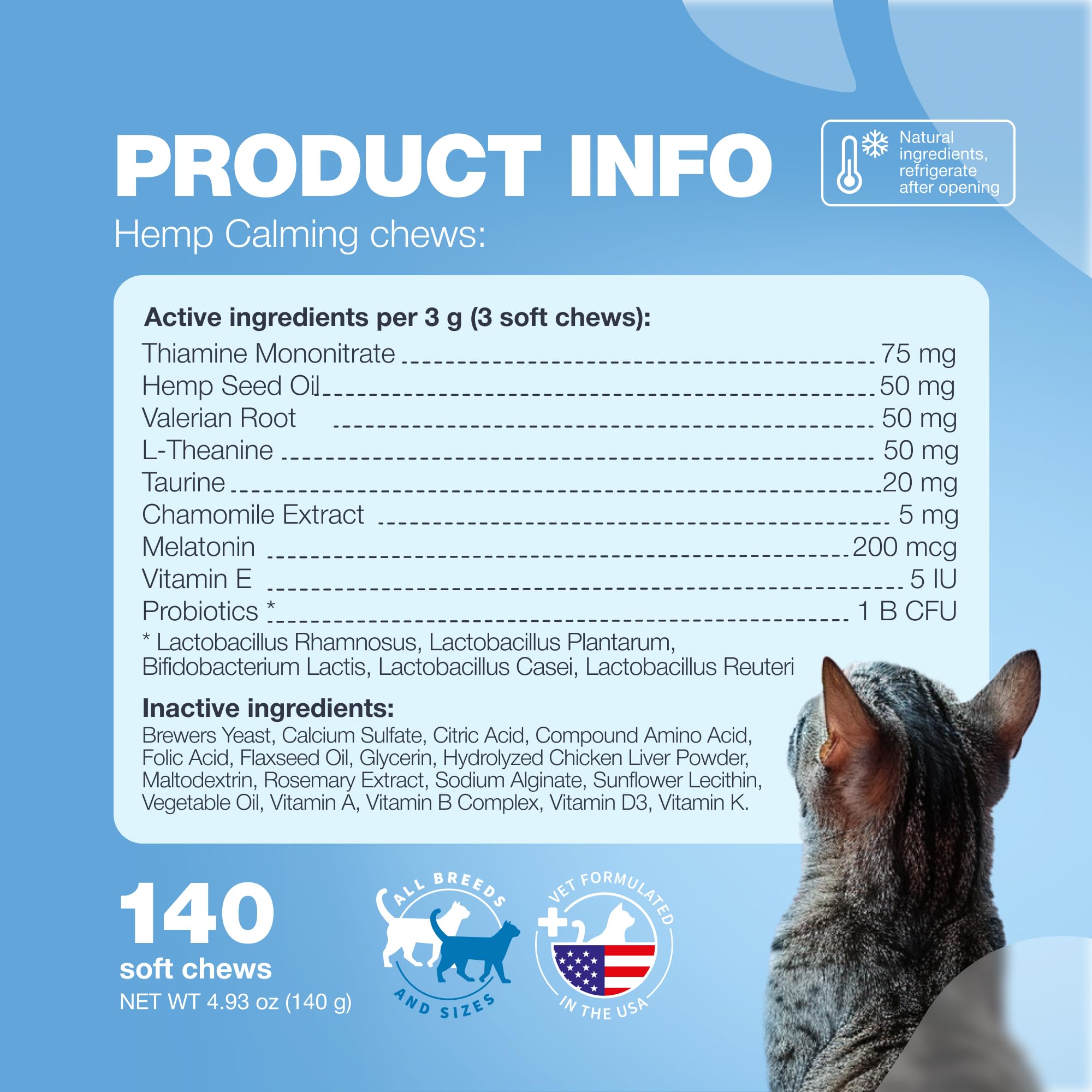 Cat Calming Treats - Hemp Calming Care for Cats - Cat Melatonin Soft Chews with Hemp Seed Oil and Probiotics - Cat Anxiety Relief - Storms, Travel, Grooming, Separation - Calming Chews for Cats