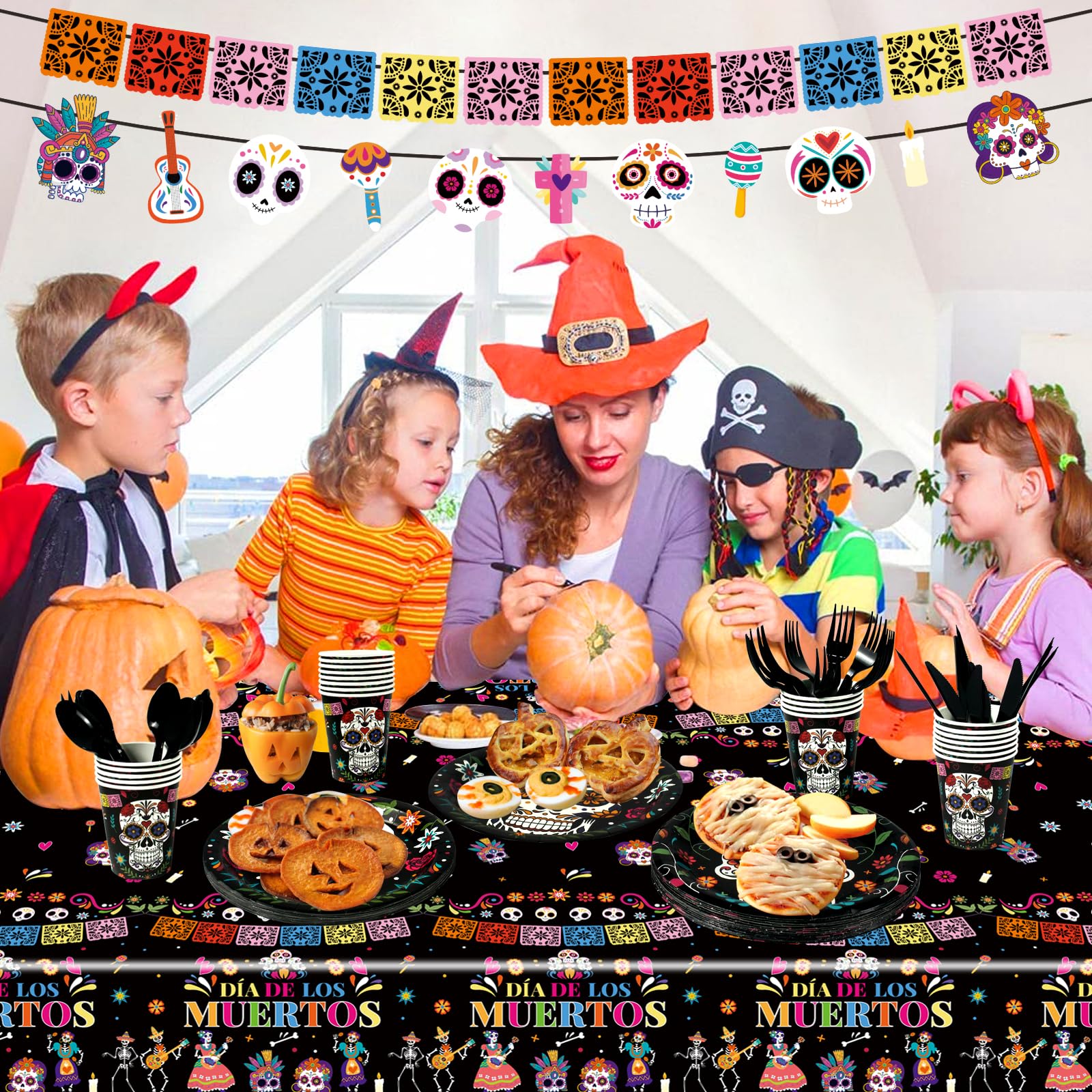 130 PCS Skull Party Supplies with Skeleton Paper Plates,Cake PlatesNapkins, Cups and Cutlery for Skull Birthday Party Decorations, Disposable Dinnerware Set (Serves 10)