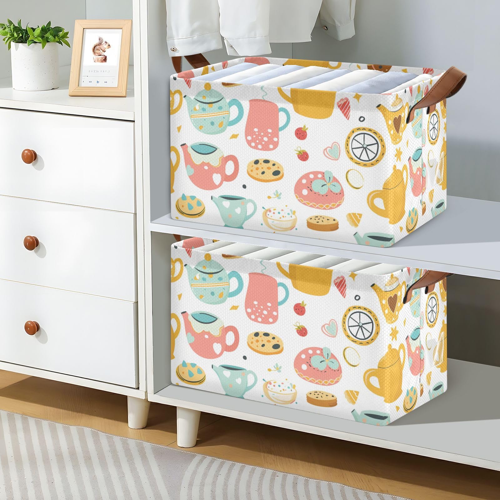 SPRIPORT Bread Teapot Cookies Foldable Storage Cube for Shelves Fabric Storage Bin with Metal Frame & Double Handles Large Storage Basket for Organizing Clothes Toys Blankets Books