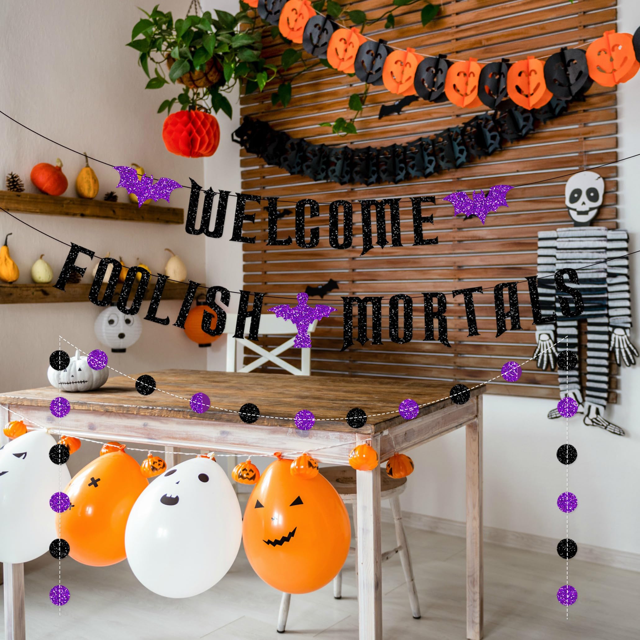 Welcome Foolish Mortals Halloween Banner for Halloween Haunted Mansion Decorations, Welcome Foolish Mortals Doormat Sign, Halloween Haunted Mansion Banner with Bat for Halloween Mantel Fireplace