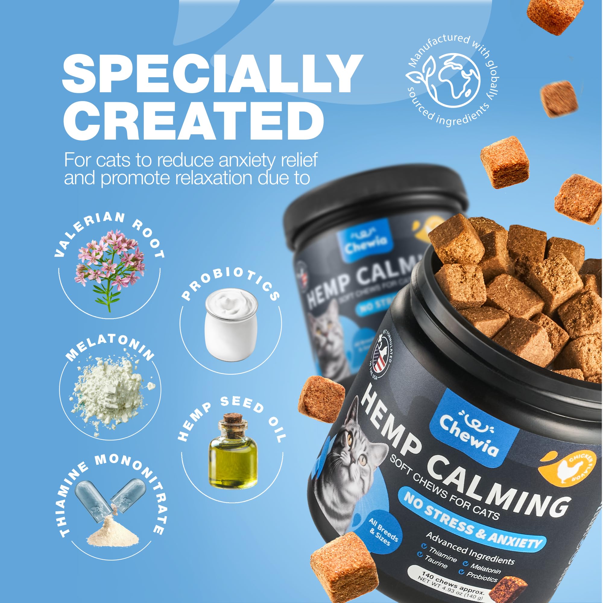 Cat Calming Treats - Hemp Calming Care for Cats - Cat Melatonin Soft Chews with Hemp Seed Oil and Probiotics - Cat Anxiety Relief - Storms, Travel, Grooming, Separation - Calming Chews for Cats