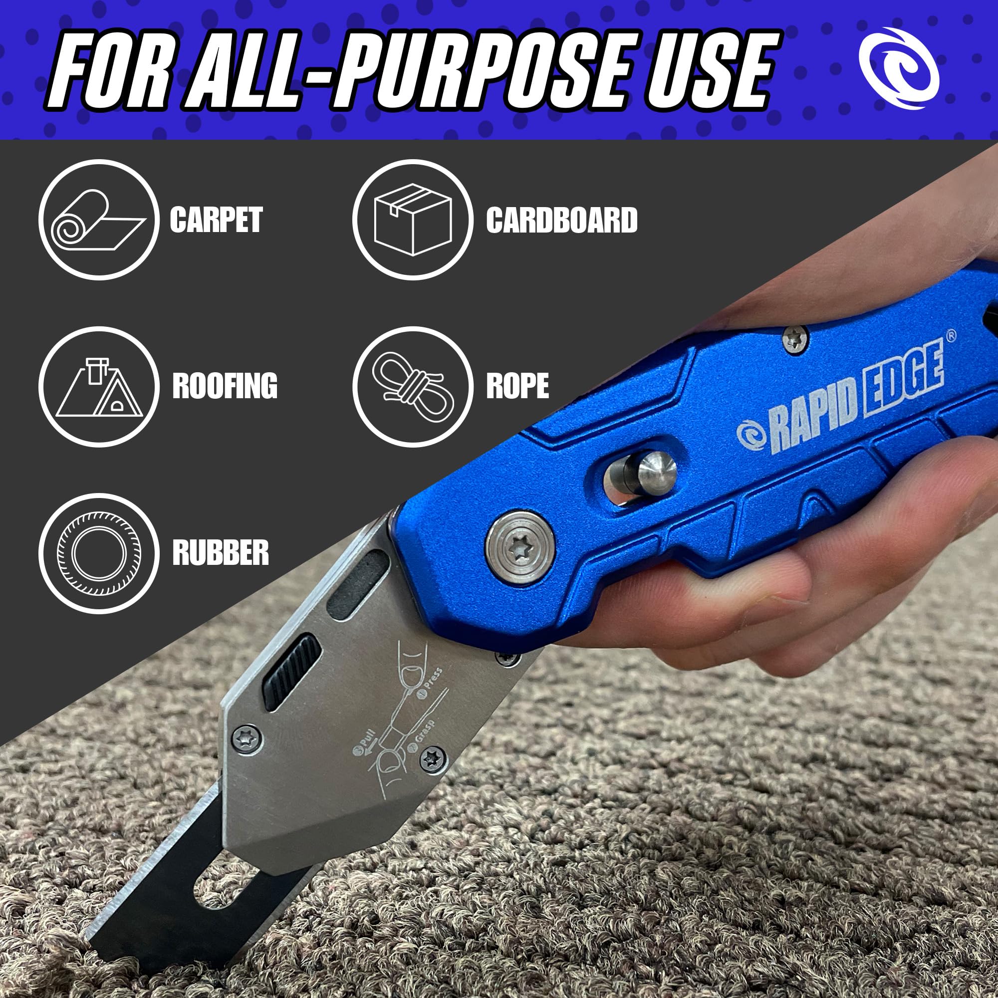 Rapid Edge 1-Pack Pivoting Carpet Knife with a Built-in Belt Clip, Folding Utility Knife with a Dual-Side Blade, Rug, Vinyl, Linoleum and Carpet Cutter