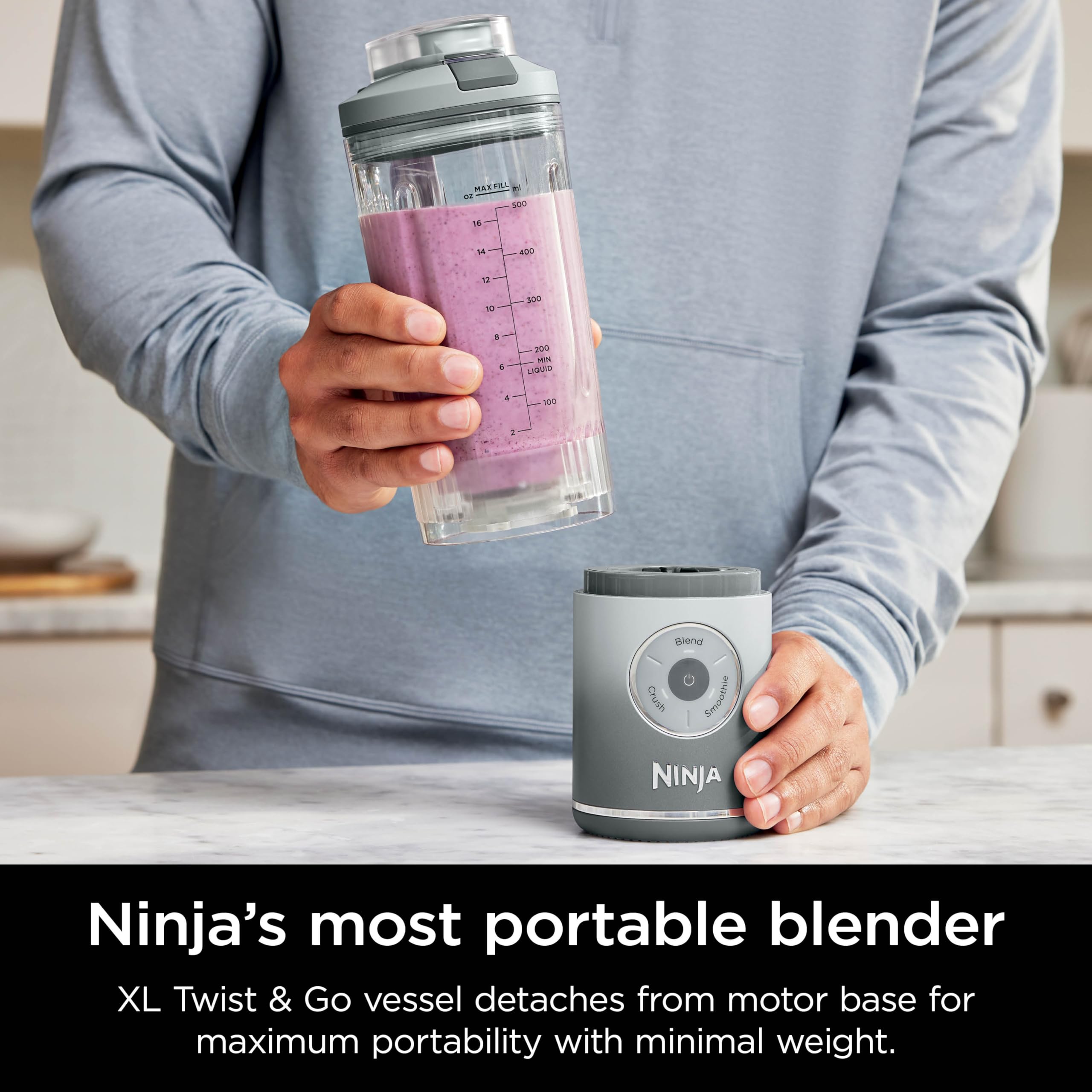 Ninja Blast Max, Portable Blender + Twist & Go, Personal Blender, Ninja Blender, Smoothie, Blend, Ice Crush, 3 Programs, Cordless, 22 oz removable Vessel, Dishwasher Safe, Leakproof, Silver, BC251SL