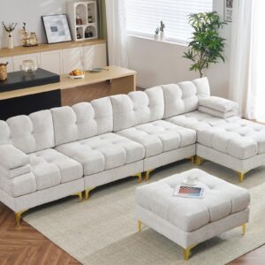 PaPaJet 124 Inch Sectional Sofa, 6 Seater Modular Sectional Couch with Metal Legs, U Shaped Sofa Couch for Living Room, Beige Chenille