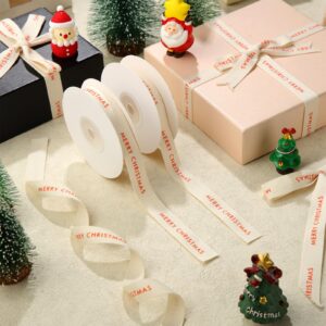 Waydress 2 Pcs Merry Christmas Ribbon Cotton Herringbone Custom Ribbon Natural 5/8 x 10 Yards Christmas Ribbon for Gift Wrapping Crafts DIY Holiday Xmas Decorations