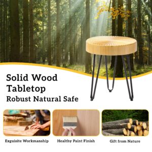 Wood Round Side Table: 15.7" Modern End Table Nightstand with Natural Wood Finish, Metal Frame Legs, Small Bedside Table for Living Room, Bedroom, Farmhouse, Small Spaces (Radial)