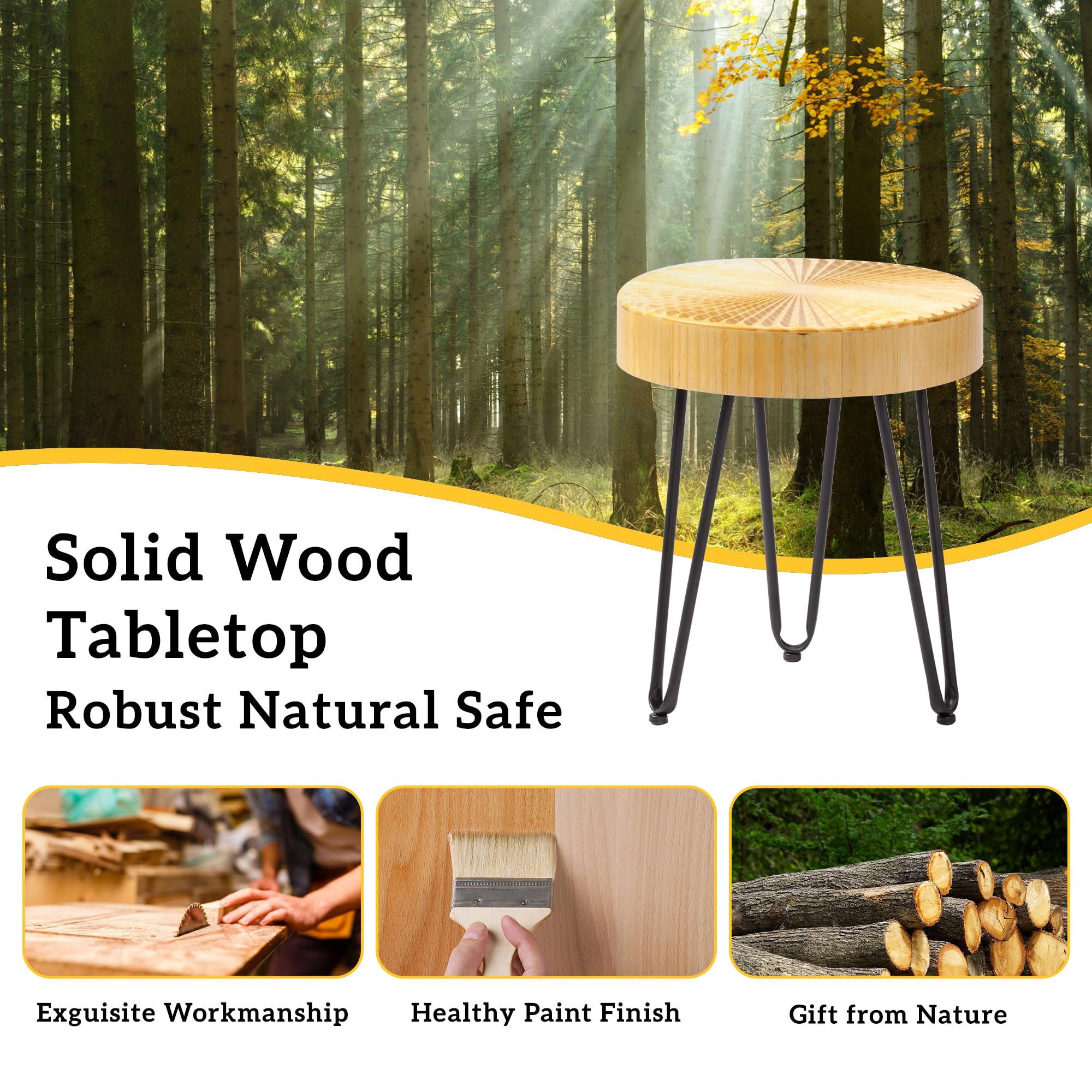 Wood Round Side Table: 15.7" Modern End Table Nightstand with Natural Wood Finish, Metal Frame Legs, Small Bedside Table for Living Room, Bedroom, Farmhouse, Small Spaces (Radial)