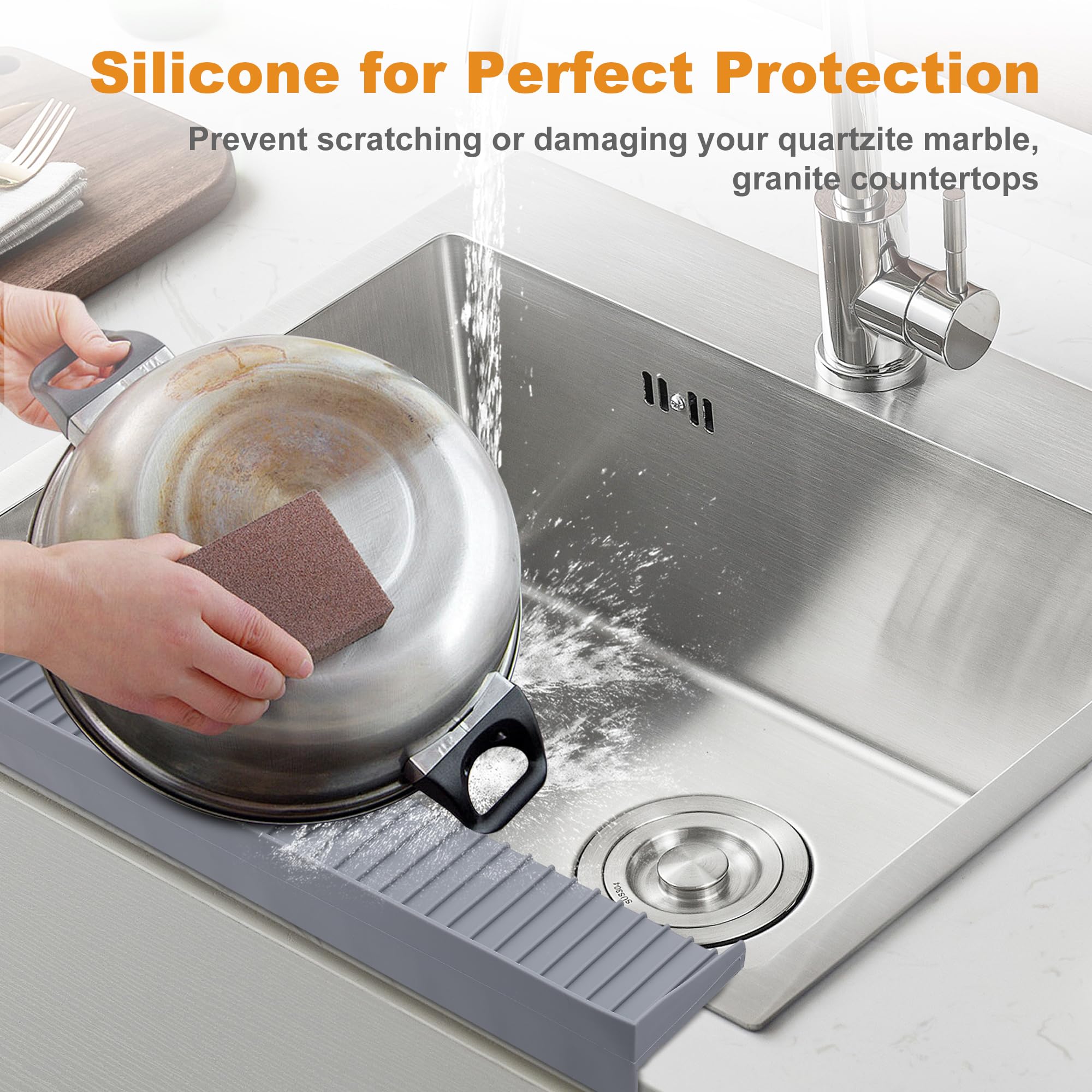 4"X20" Silicone Sink Kitchen Edge Protector, Upgrade Splash Guard Kitchen Sink Accessories, Bathtub Sink Guard Stainless Steel Sink Protectors For Granite, Quartz Countertop (Gray)