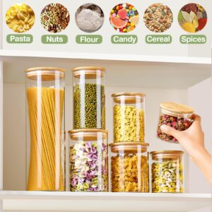 Meolibour 7 Pack Thicker Glass Food Storage Jars with Airtight Bamboo Lids, Clear Glass Storage Containers, Glass Canisters Set for Pasta, Nuts, Coffee Beans, Kitchen Pantry Organization Jar, BPA Free